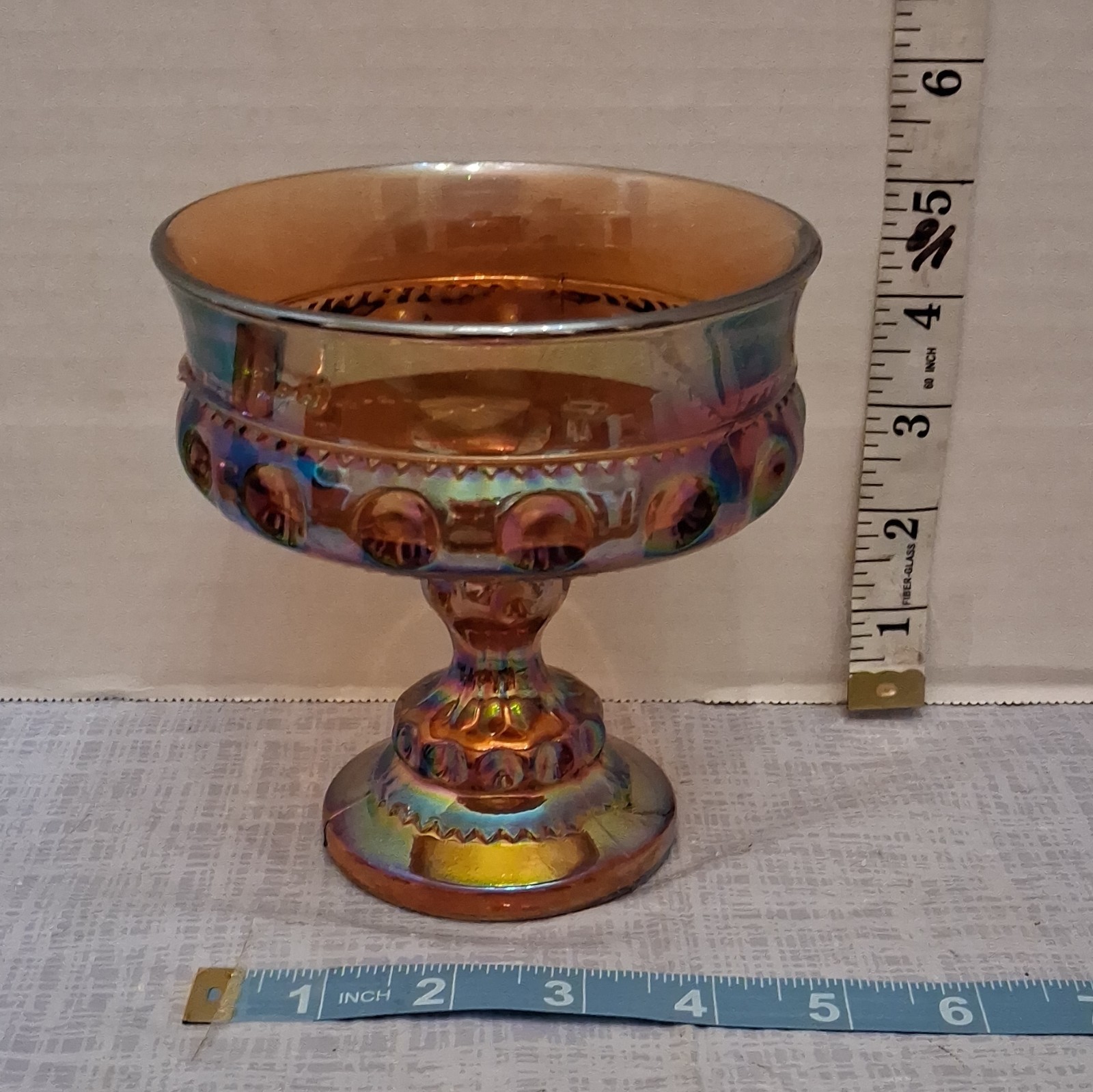 Amber Iridescent Carnival Glass Pedestal Compote Bowls, 5 in Height, Set of 2