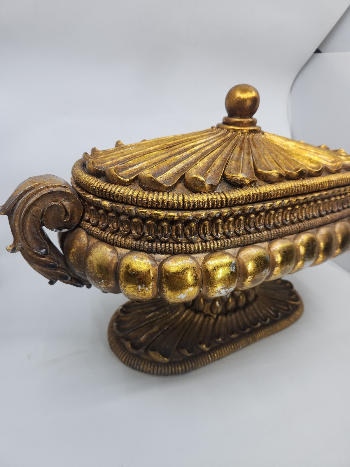 Large Hollywood Regency Gold Covered Tureen Urn Centerpiece Pedestal Bowl 21″