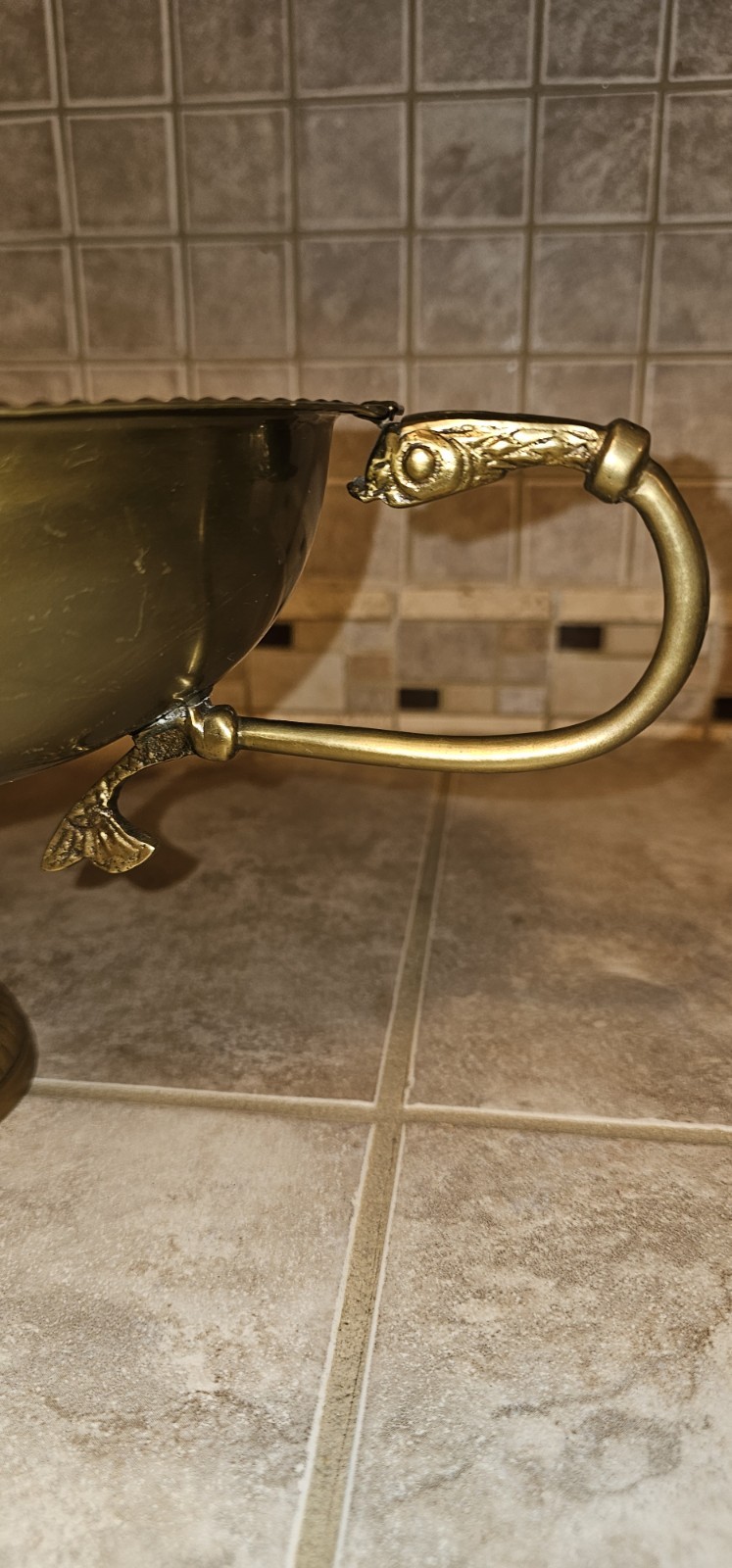 Brass Centerpiece Bowl Compote w/Koi fish Handles, Pedestal Base, Beaded Rim