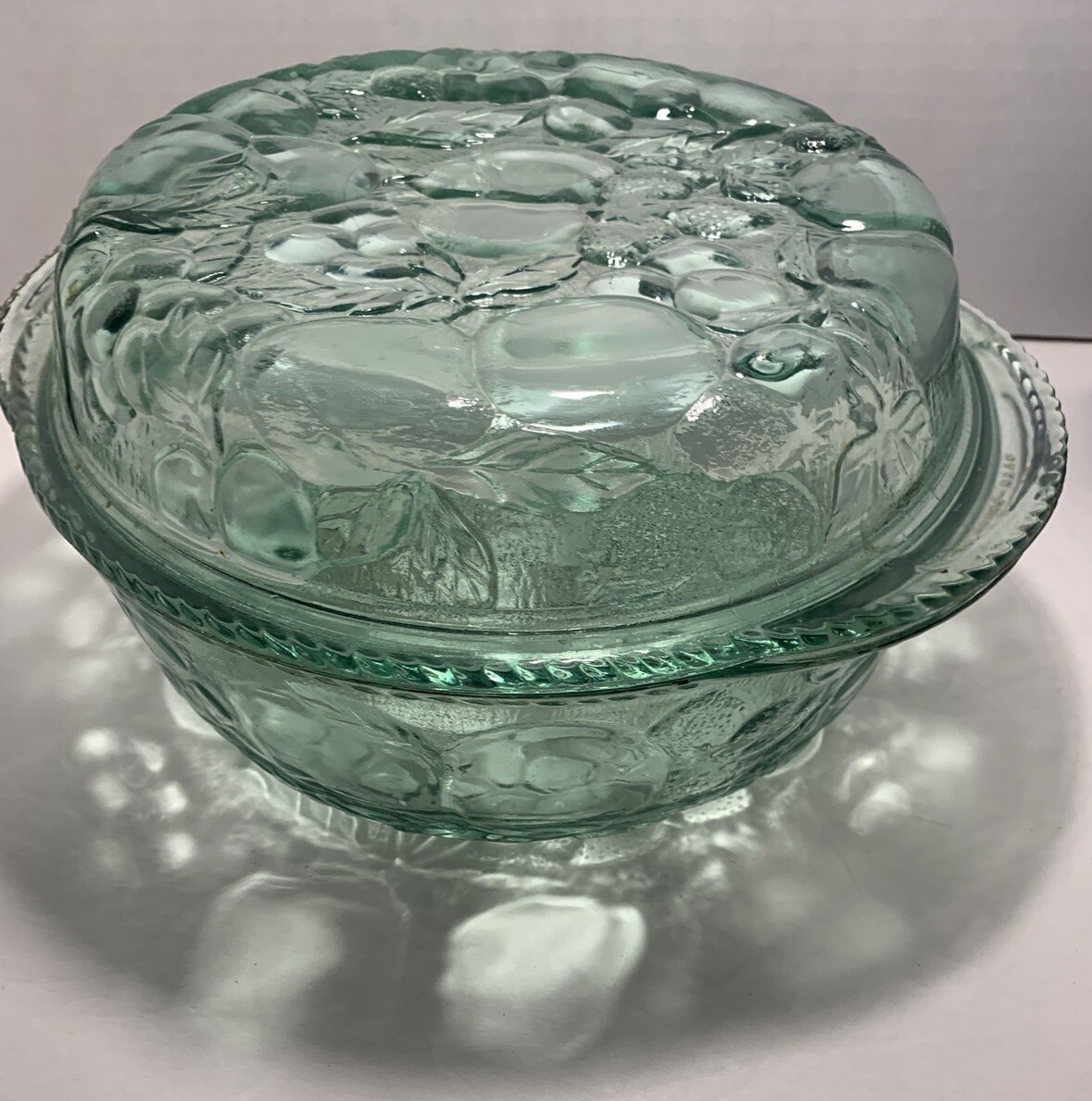 Sale Vintage Libbey Orchard Fruit Green Glass 3 QT Casserole Baking Dish Pie Lid