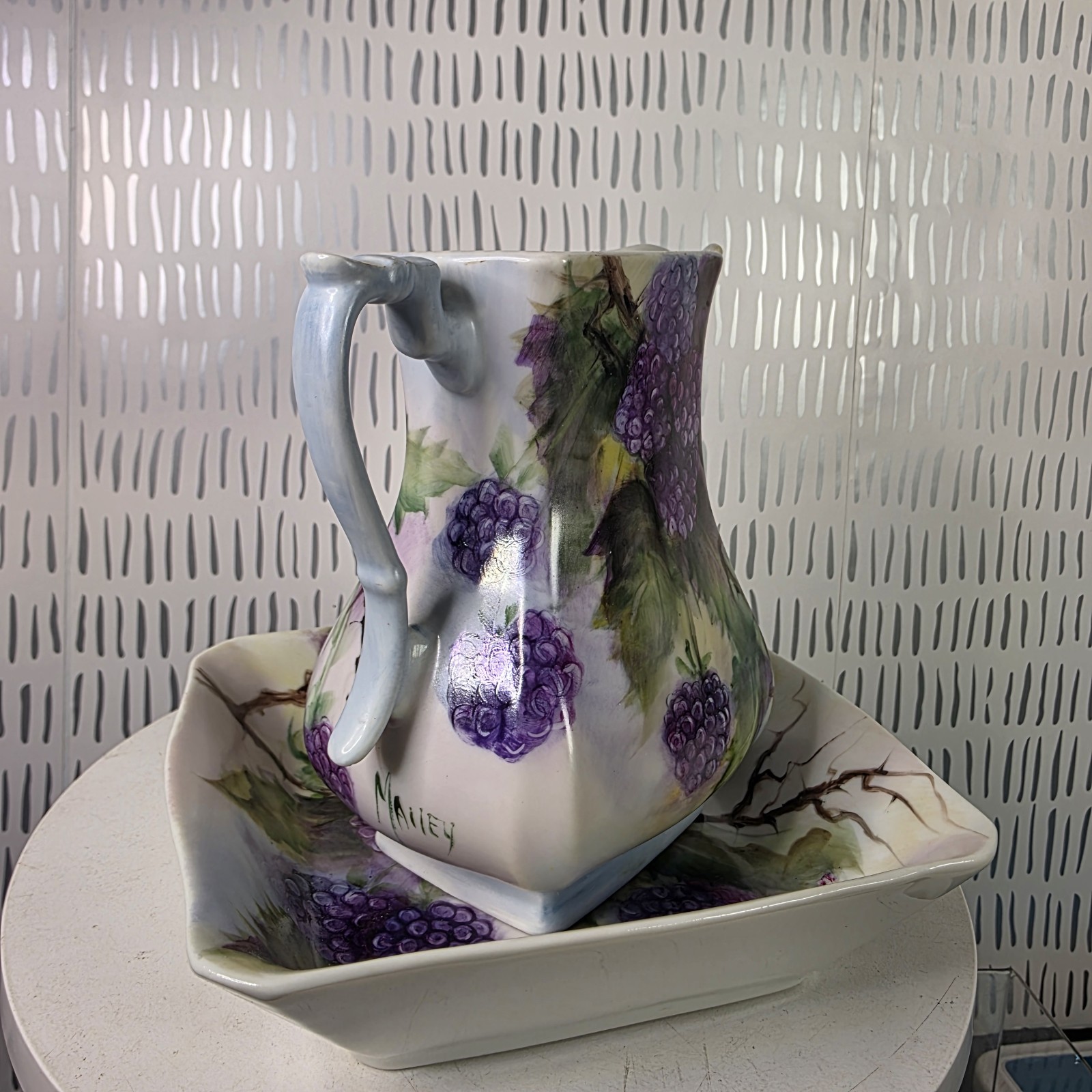Vintage Artist Signed Hand Painted Porcelain Pitcher & Tray Blackberry Grape
