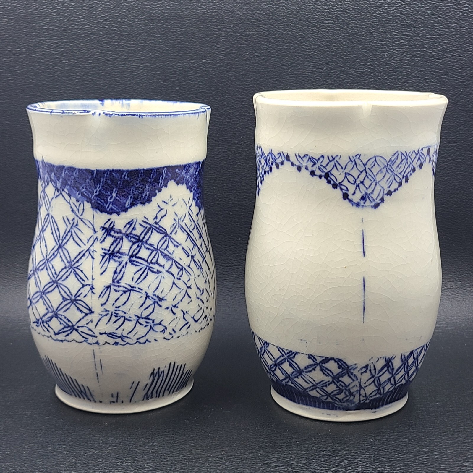 Studio Art Pottery Scalloped Asian Style Blue and White Crackled Glaze Signed