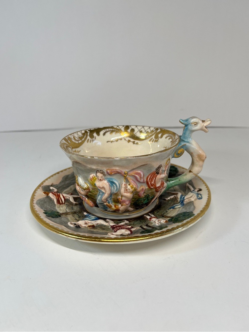 Vintage Capodimonte Italy Demitasse Teacup & Saucer MAS Cherub Dragon Handle MCM