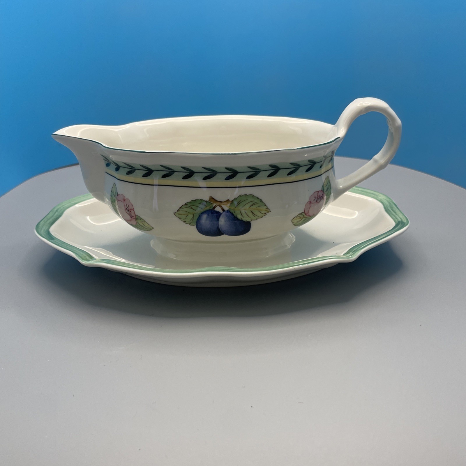 Ceramic Gravy Boat w/Underplate, Fruit and Leaf Motif, Green Rim