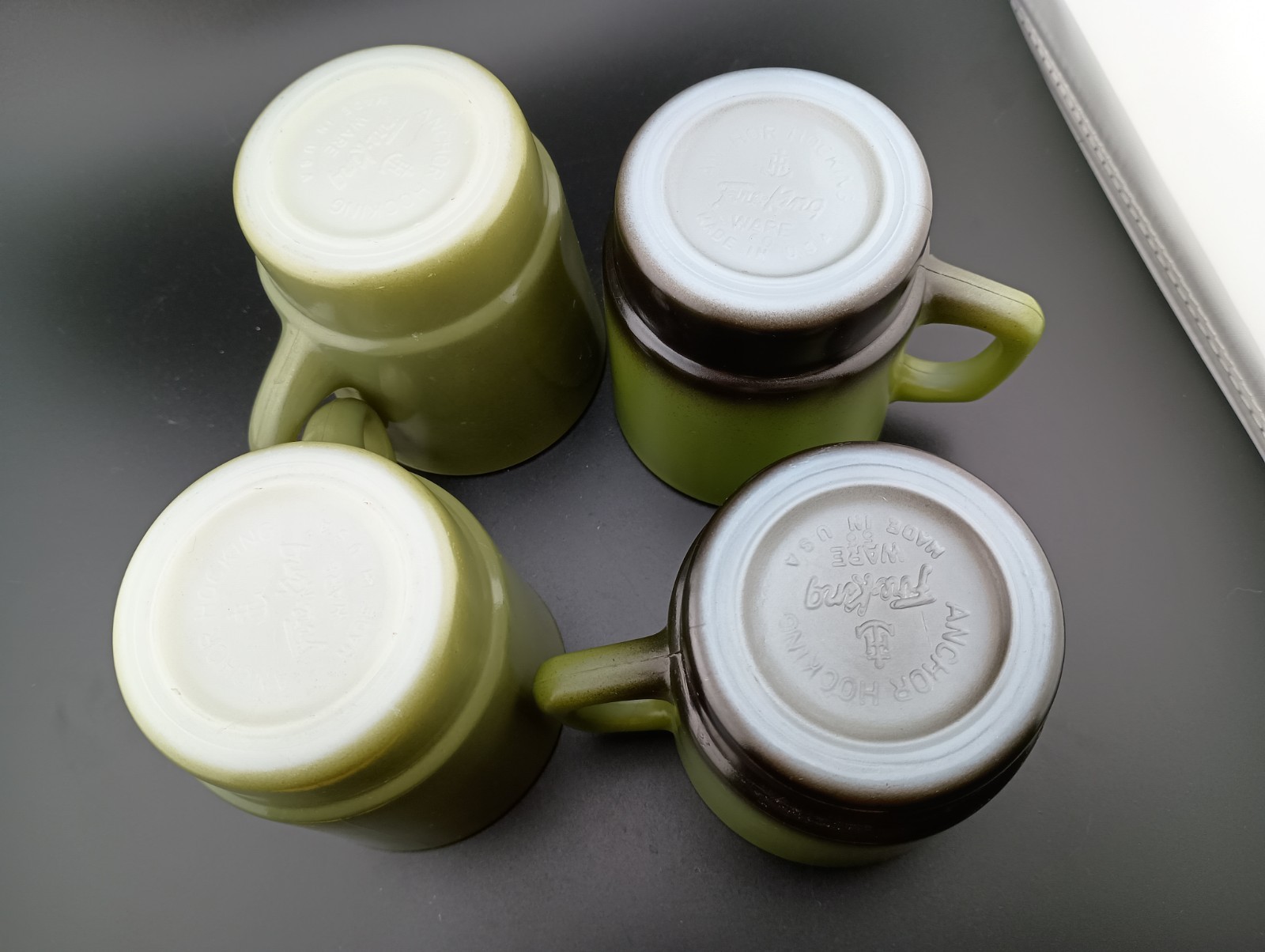 4 Olive Green Fire King Glass Coffee Tea Mugs Stackable 2 w Black 1970s Style