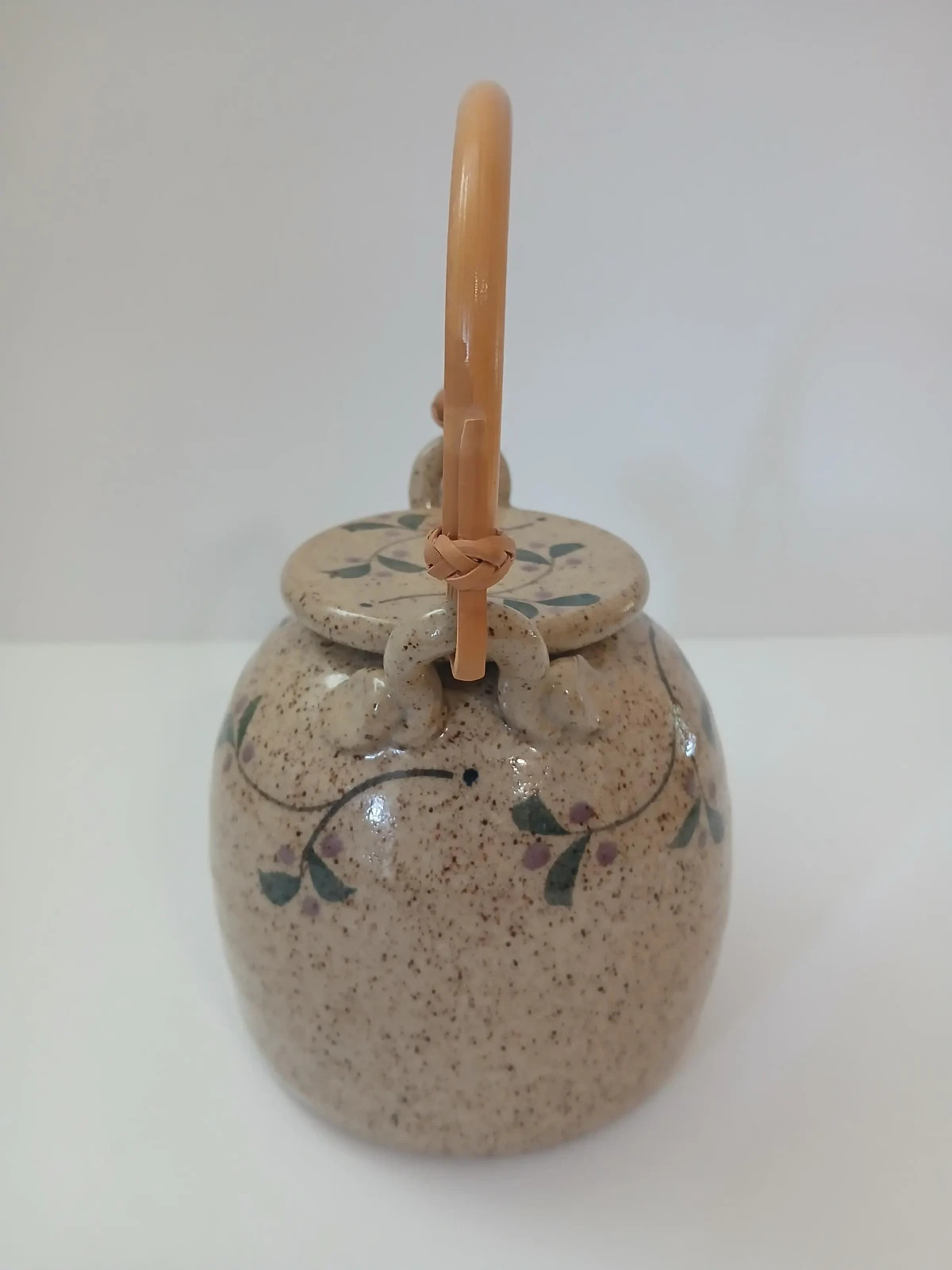 90s Cottagecore Speckled Stoneware Teapot with Bamboo Handle Hand-painted Floral