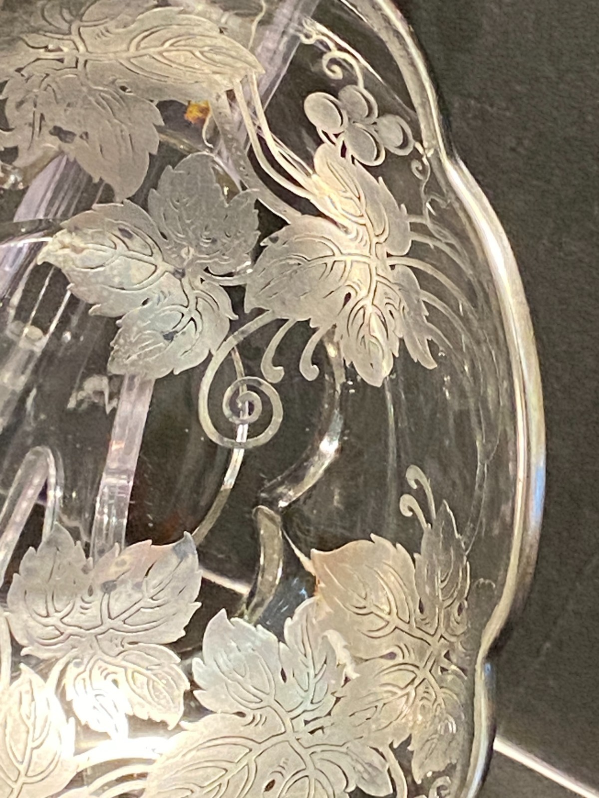 Vintage Silver Overlay Glass Candy Nut Dish Grape Vines Leaves Grapes