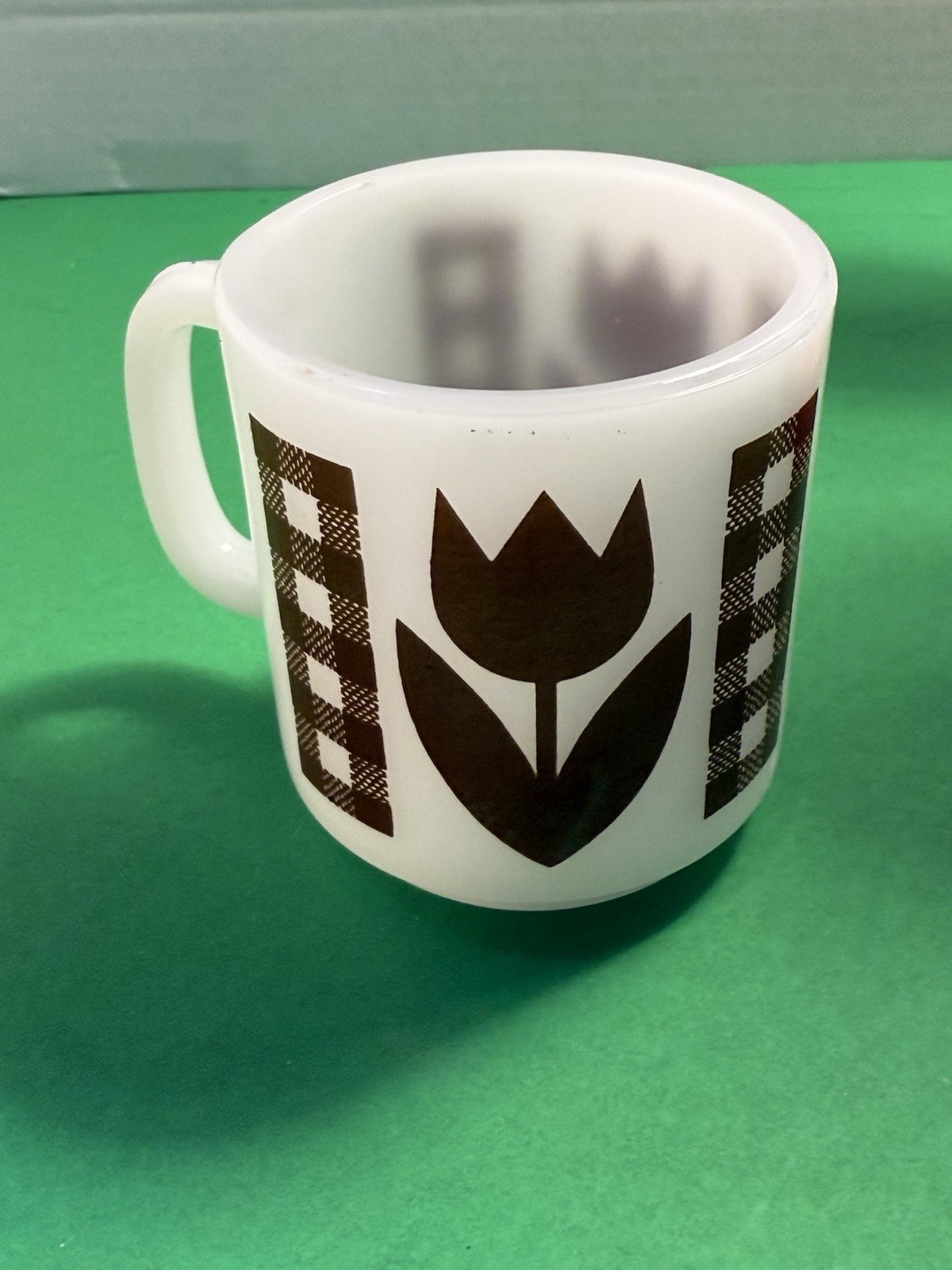 Vintage Glasbake Brown Tulip & Gingham Coffee Cup Mug 2 available 9-10 oz