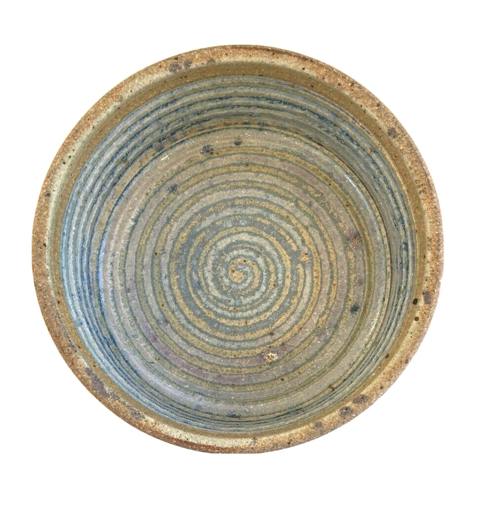 Vintage Hand Decorated Gray, Blue & Brown Covered Dish with Lid, Signed “K”