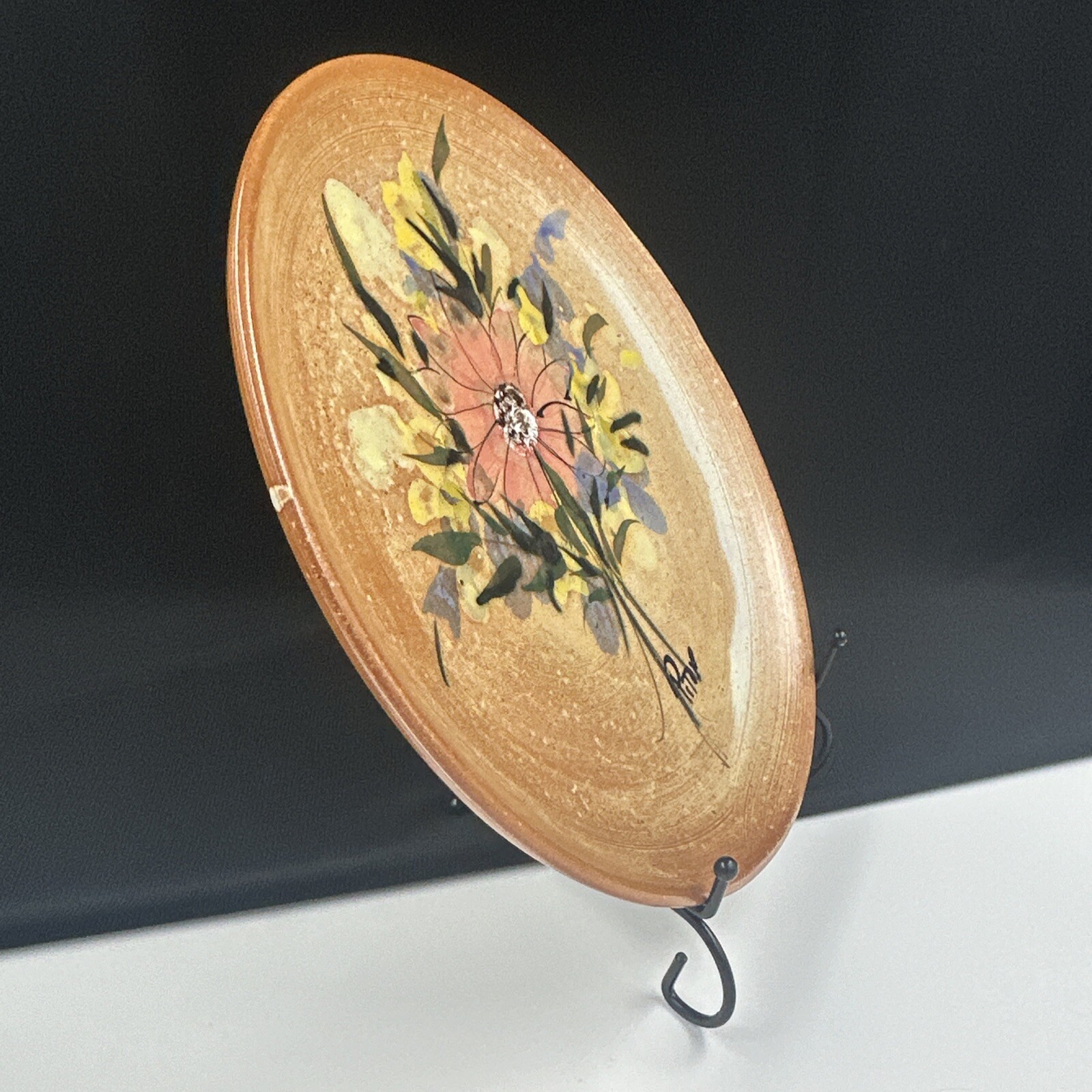 Hand Painted Pottery Plate Pink Flower/Floral Terra Cotta, Signed Home Decor MCM