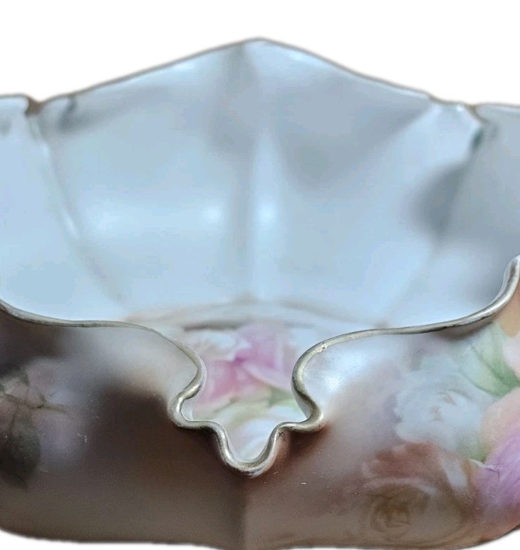 Antique RS Prussia Pink Rose 9″ Blown Out Bowl Exterior Painted Floral Gold