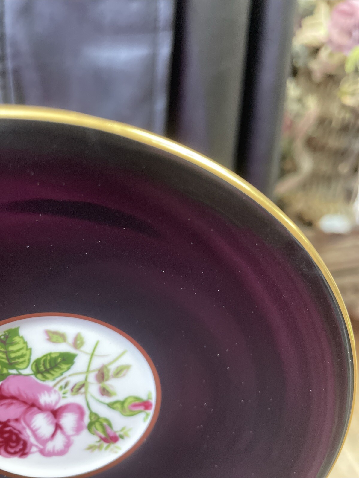 Antique Rare English Windsor Black Gilded Floating Rose Teacup & Saucer Set