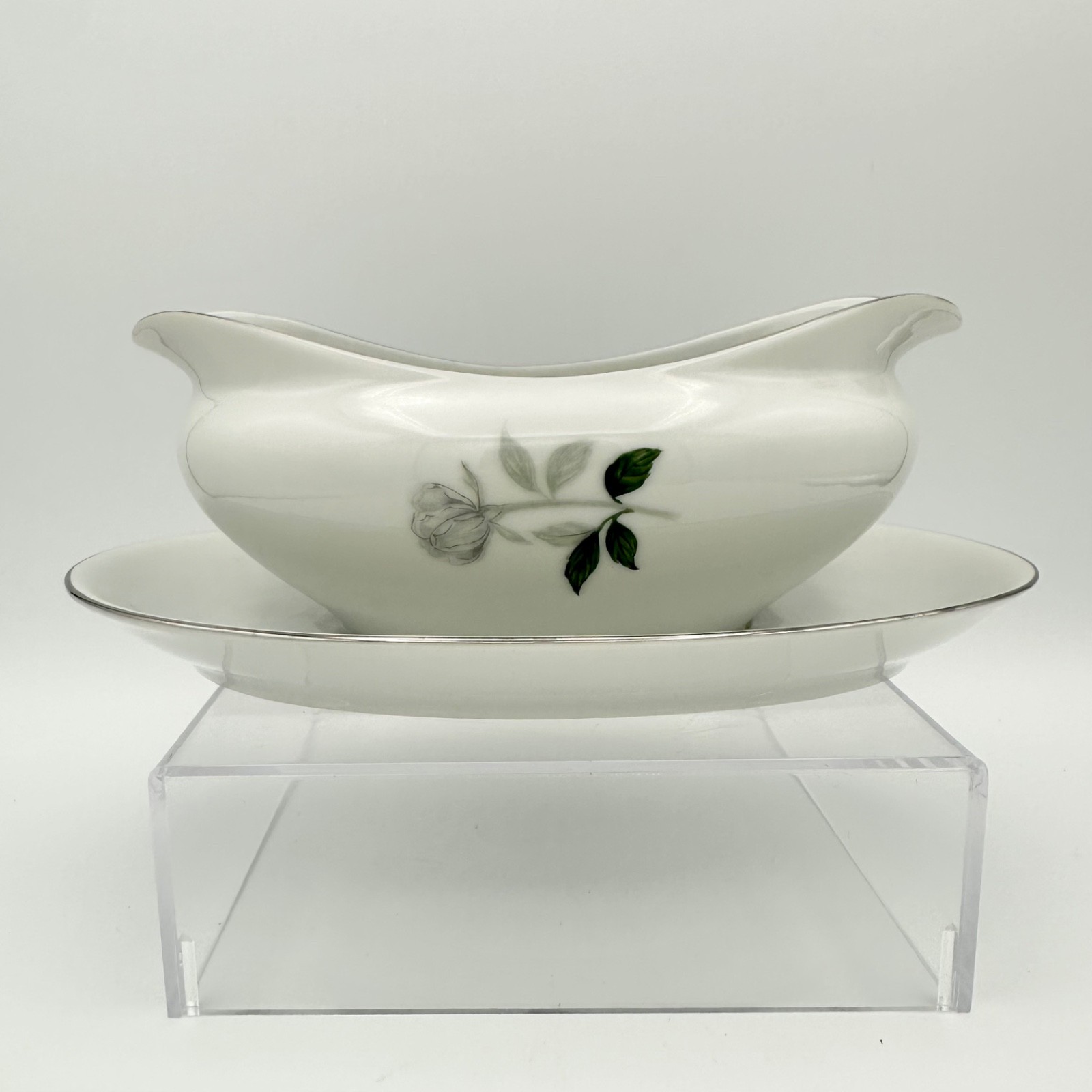 Sone China GRAY PEARL PLATINUM TRIM Gravy Boat Att. Underplate Roses #1873 Japan