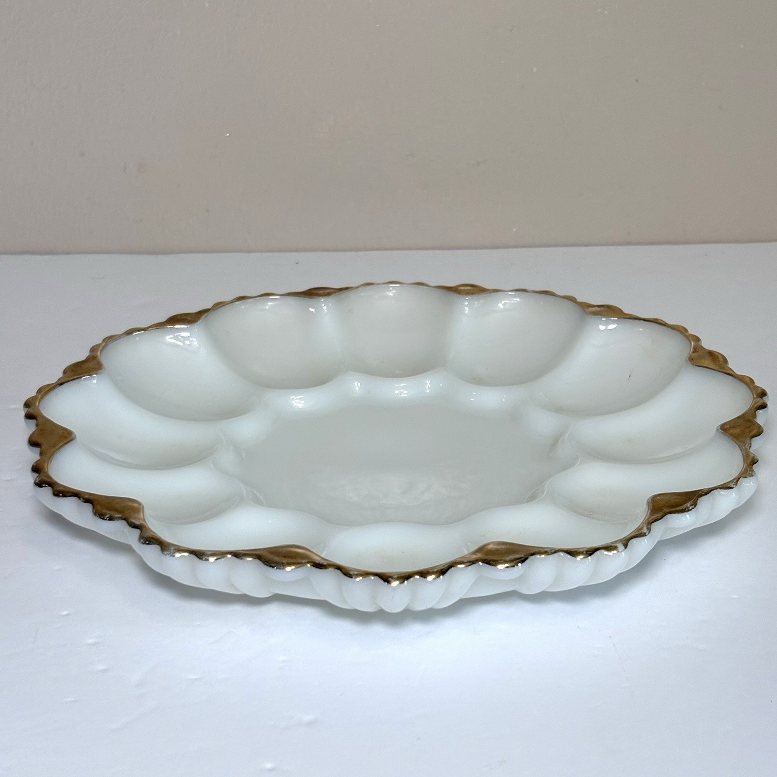 Vintage Anchor Hocking White Milk Glass Gold Trim Deviled Egg Plate 10”