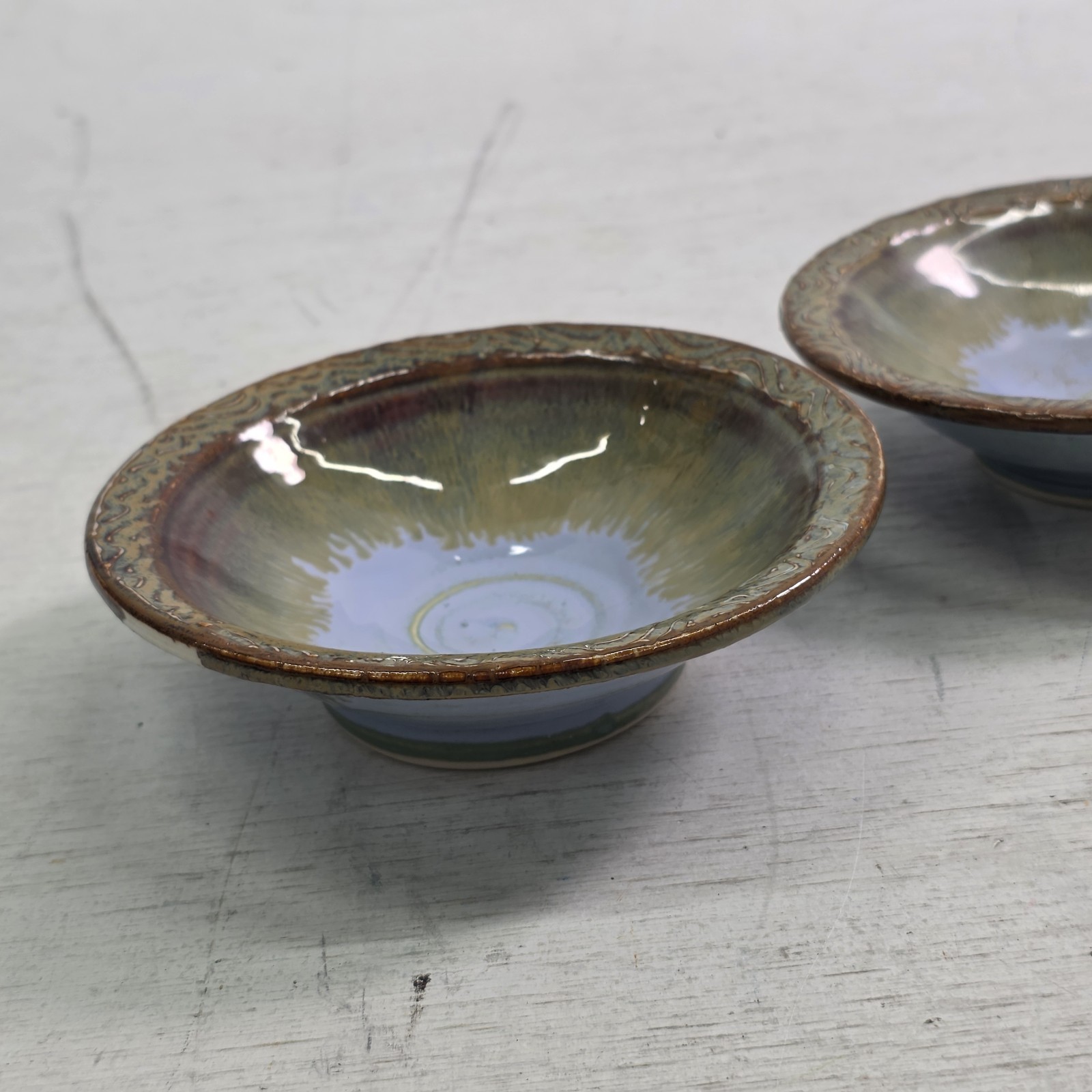 Handmade Studio Pottery Small Bowls Set of 2 Signed Rhodes Drip Glaze 5″ EUC