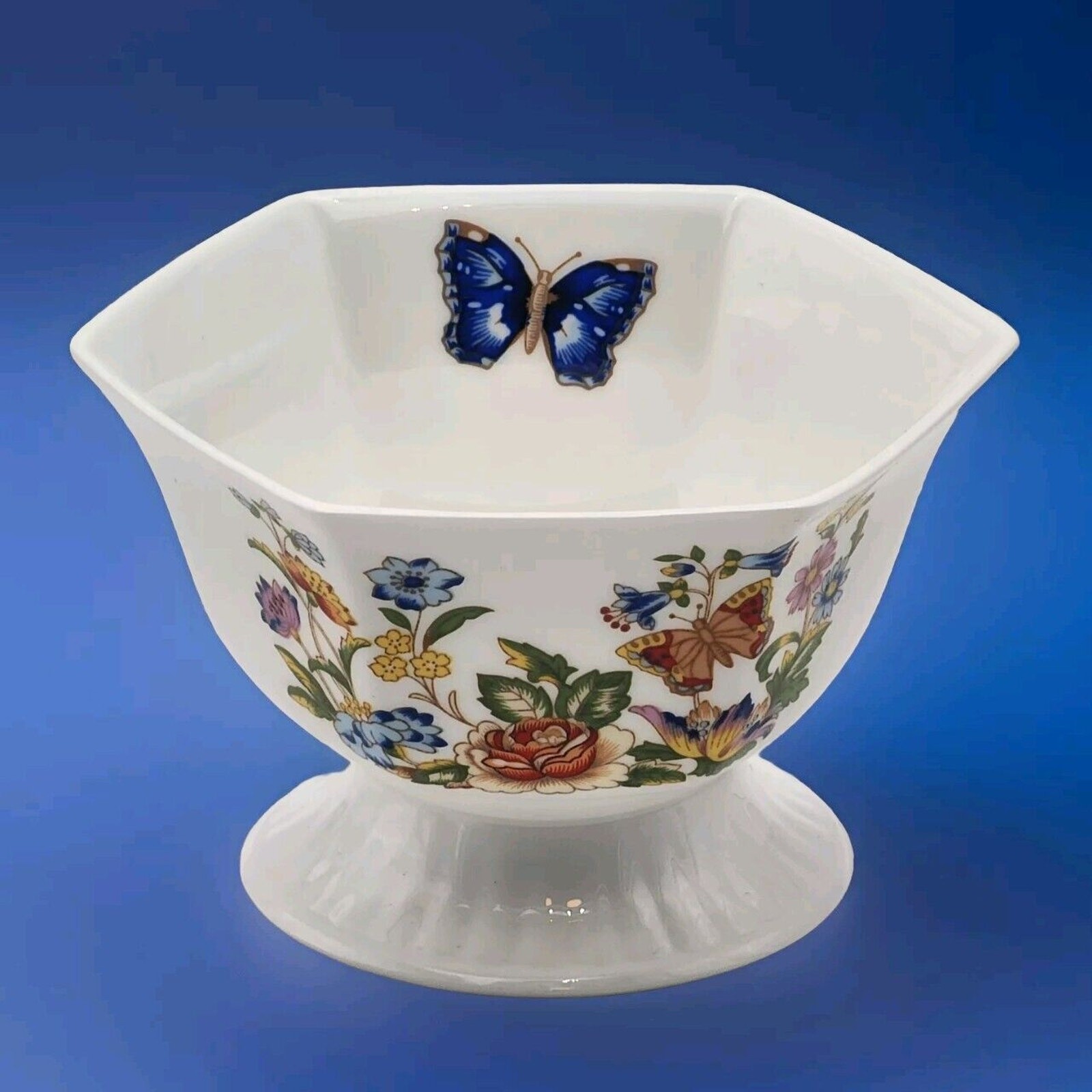 Aynsley Cottage Garden Hexagon Footed Bowl English Bone China 3″ Tall VTG 1985