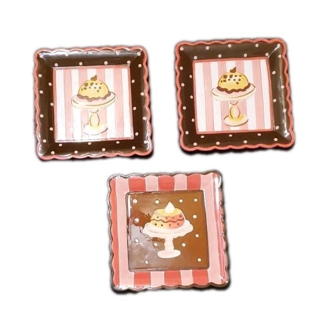 Dessert Cake Cupcakes Plates Square 8″ Stripes Dots Wall Decor Plate Set of 3