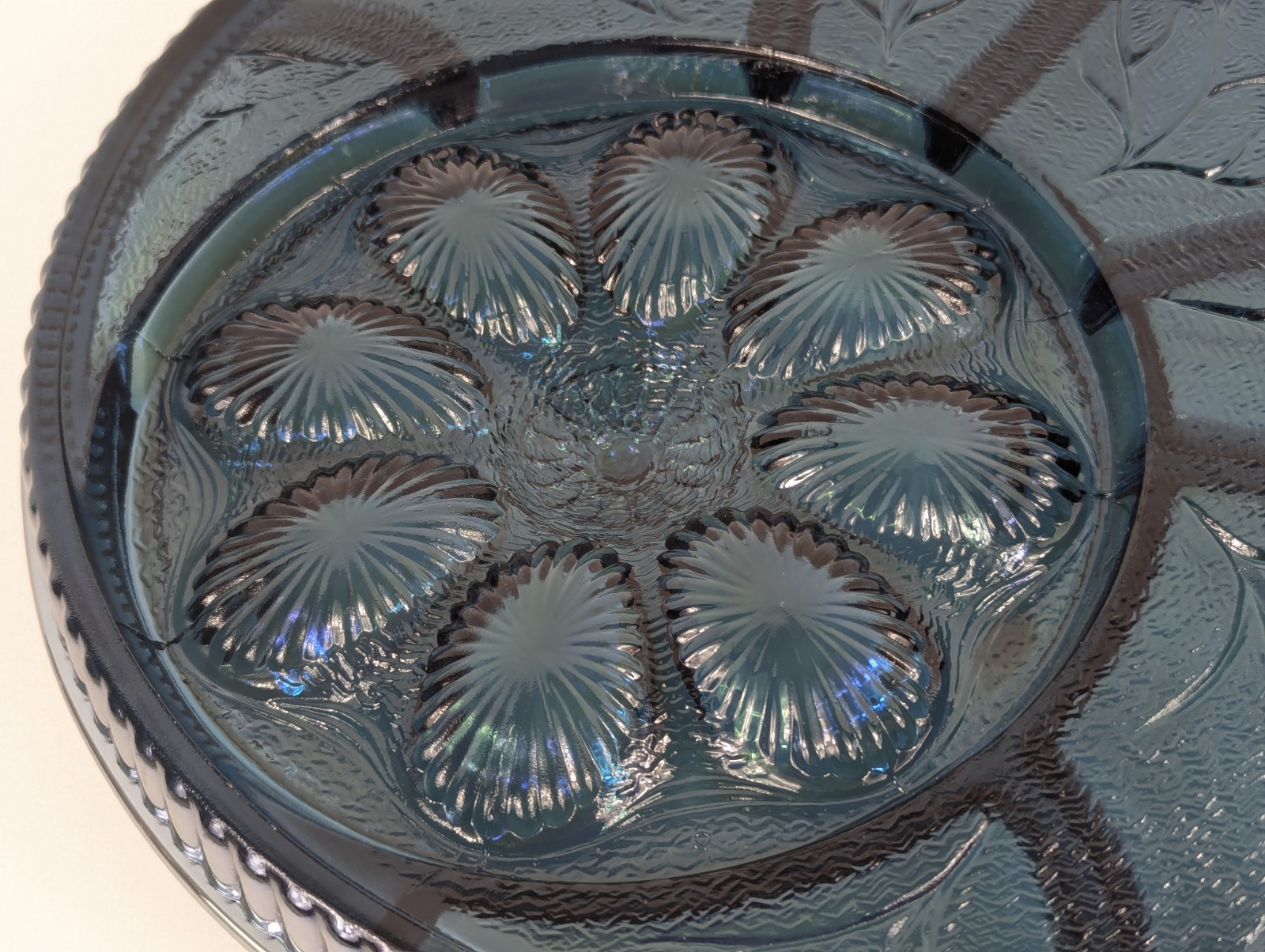 Vintage Indiana Glass Blue Carnival Deviled Egg Relish Tray Platter Iridescent