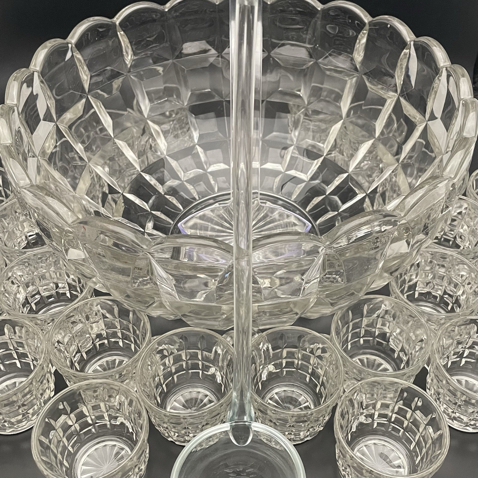 Tiffin Square Diamonds Beveled Block Waffle 25pc Glass Punch Bowl Set c1950s USA