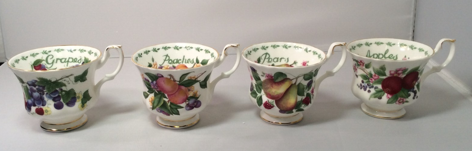 4 Fruit Royal Albert Bone China Teacups, Fruit Grapes, Peaches, Pears & Apples