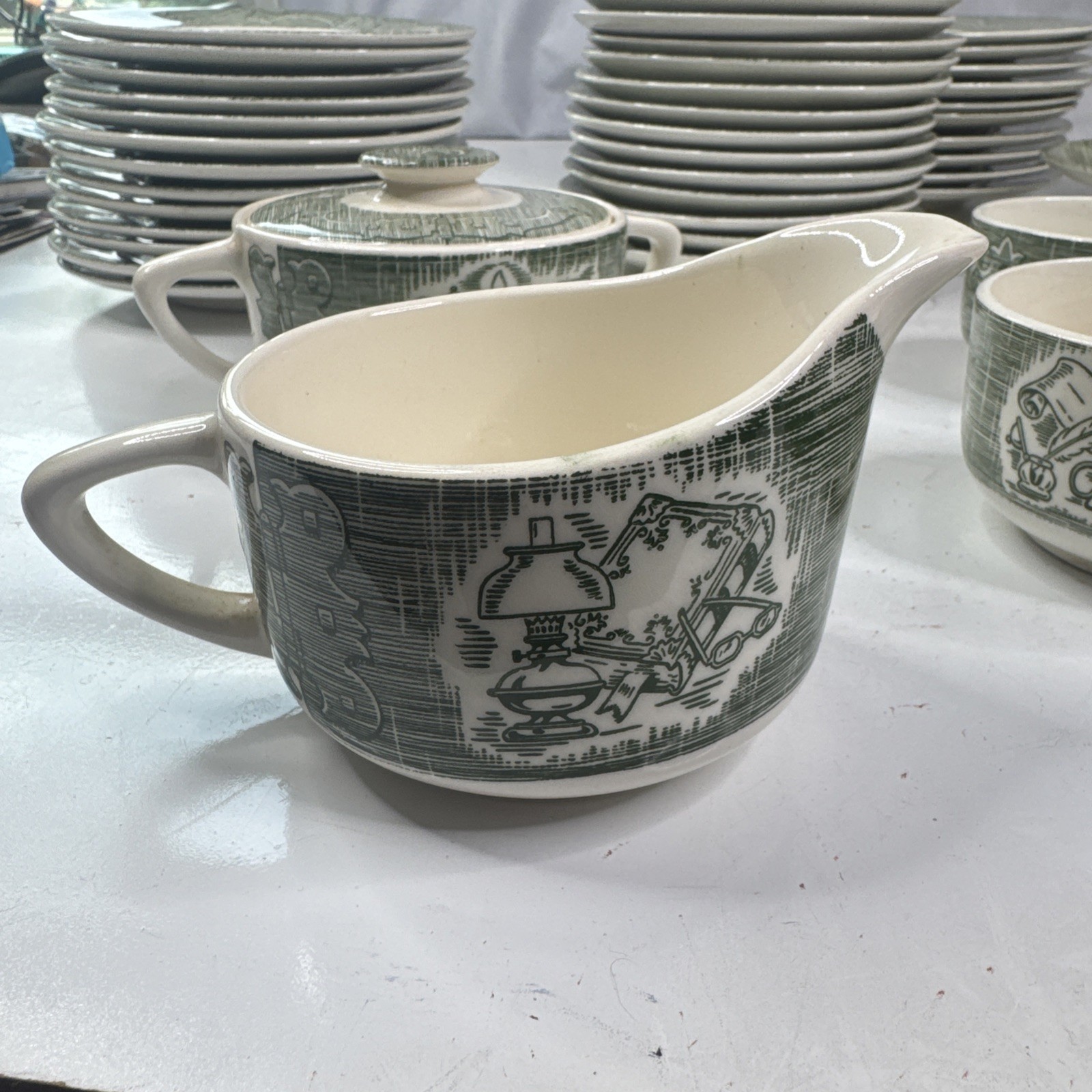 65 Pc Old Curiosity Shop Transferware Plates Bowls Cups Creamer Sugar Tea Kettle