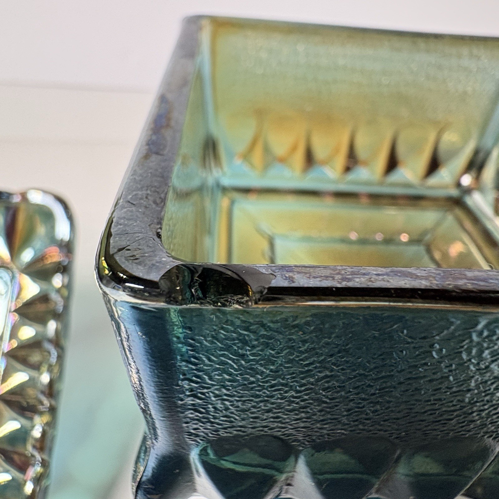 Vintage Jeannette Glass Wedding Cake Box Candy Dish Iridescent Blue Green 1960s