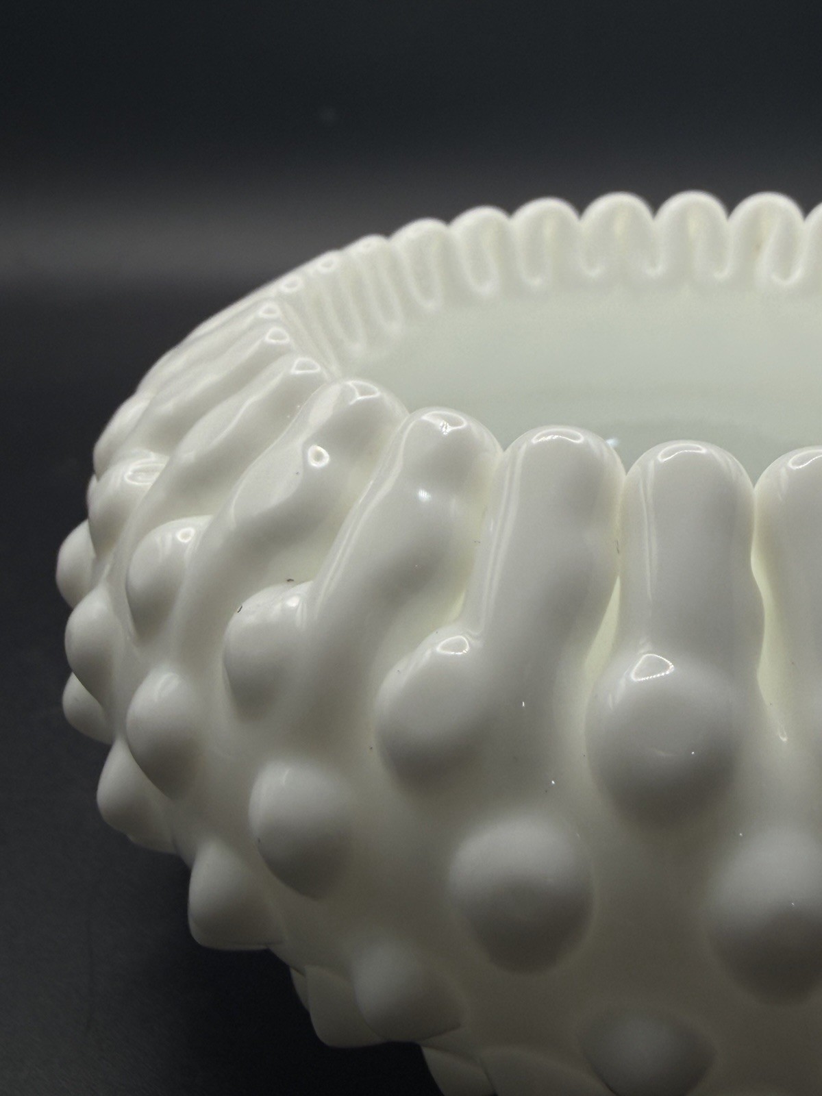 VTG Fenton Hobnail Milk Glass Bowl Crimped Ribbon Edge Trinket Candy Dish 4.5”
