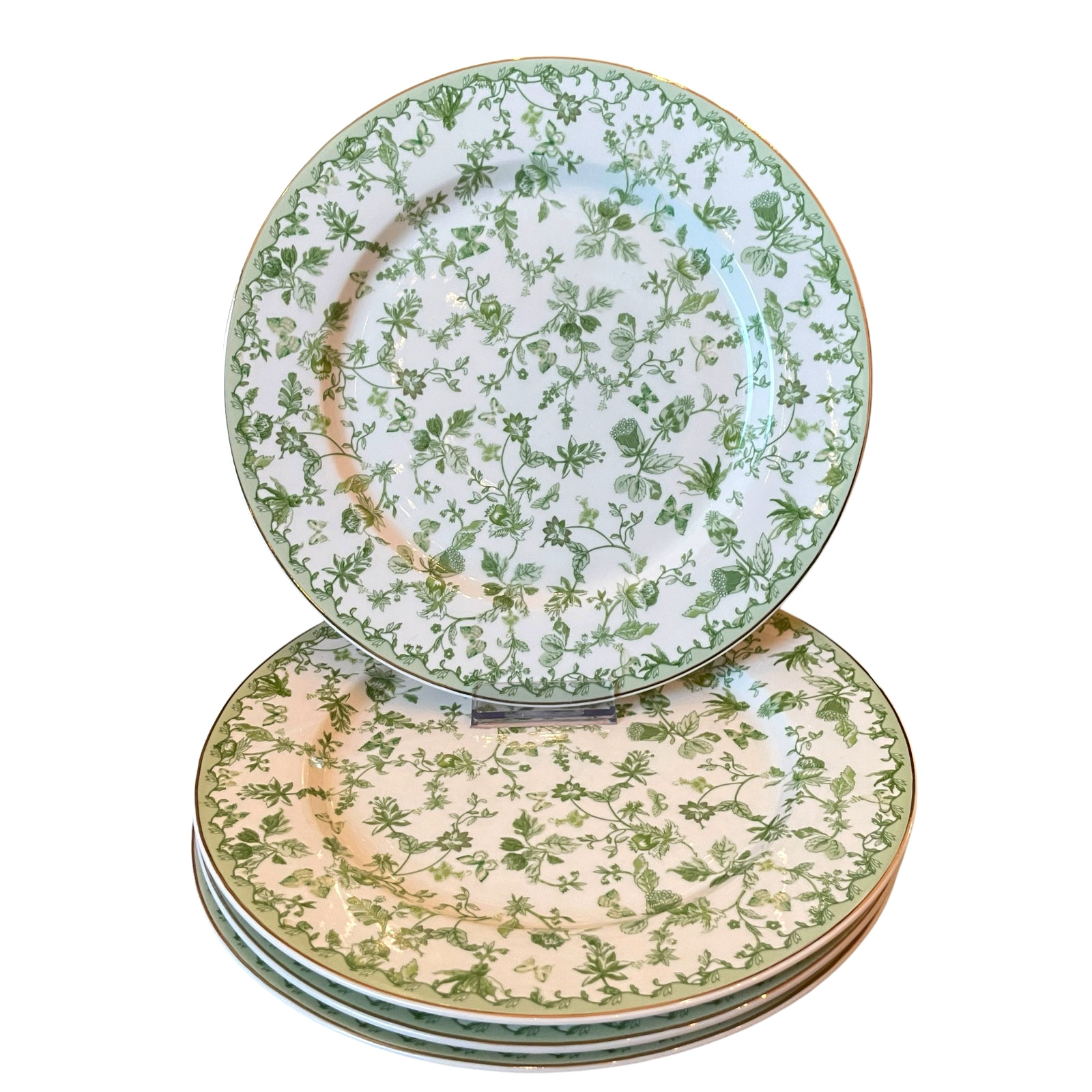Grace Teaware Porcelain Dinner Plates 10.5″ Green & White Floral Set of 4 New