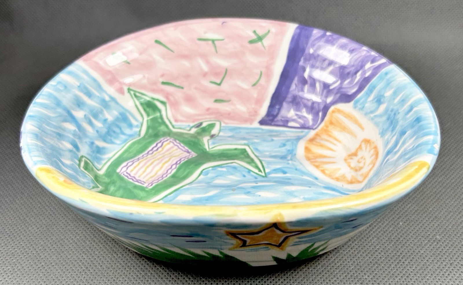Vtg Footed Pottery Bowl Sea Turtle Hand Painted Soap Dish Tropical Beachy