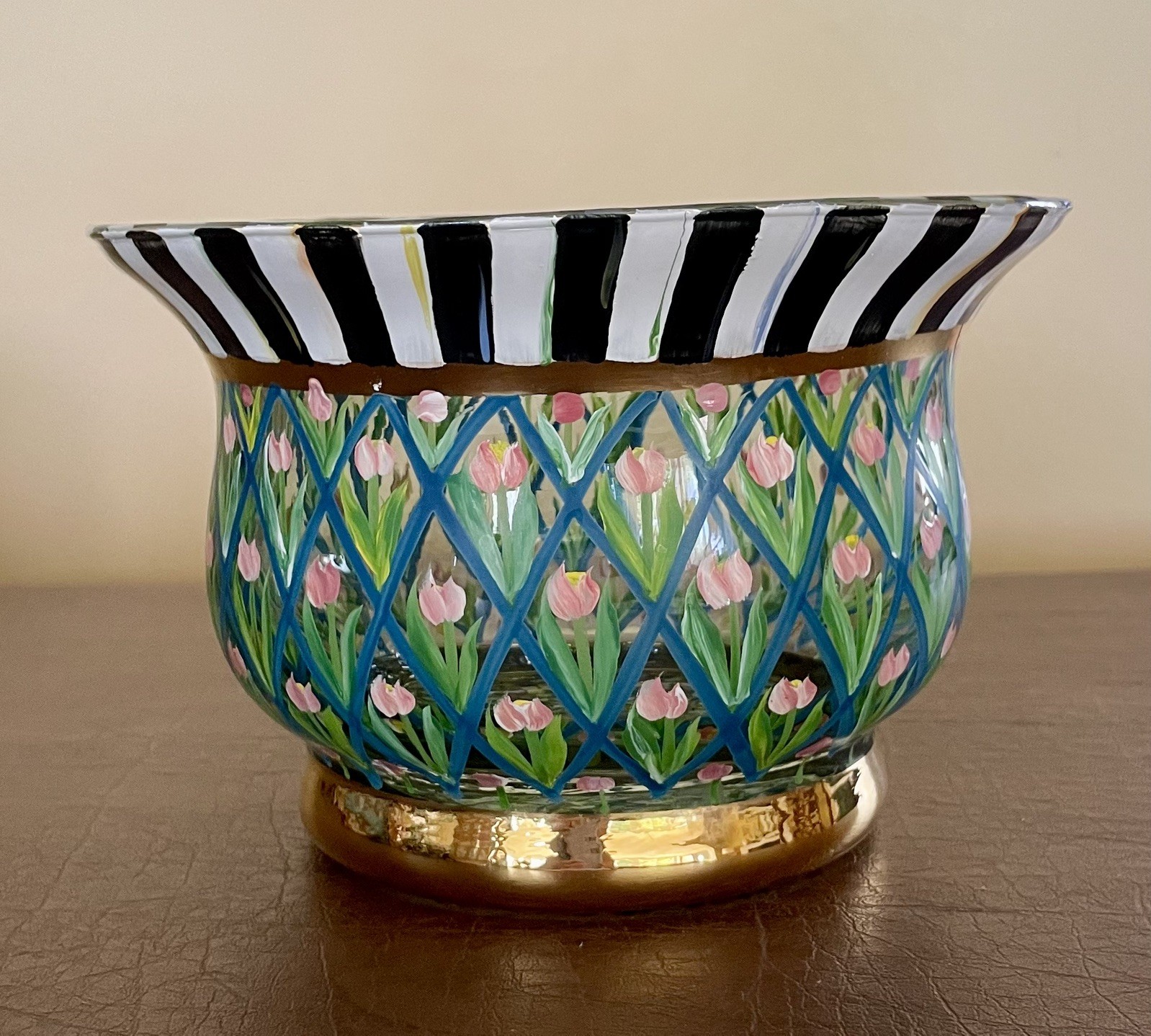 Vintage MacKenzie Childs “Circus” Tulip Shape Hand Painted 8” Glass Bowl 1983