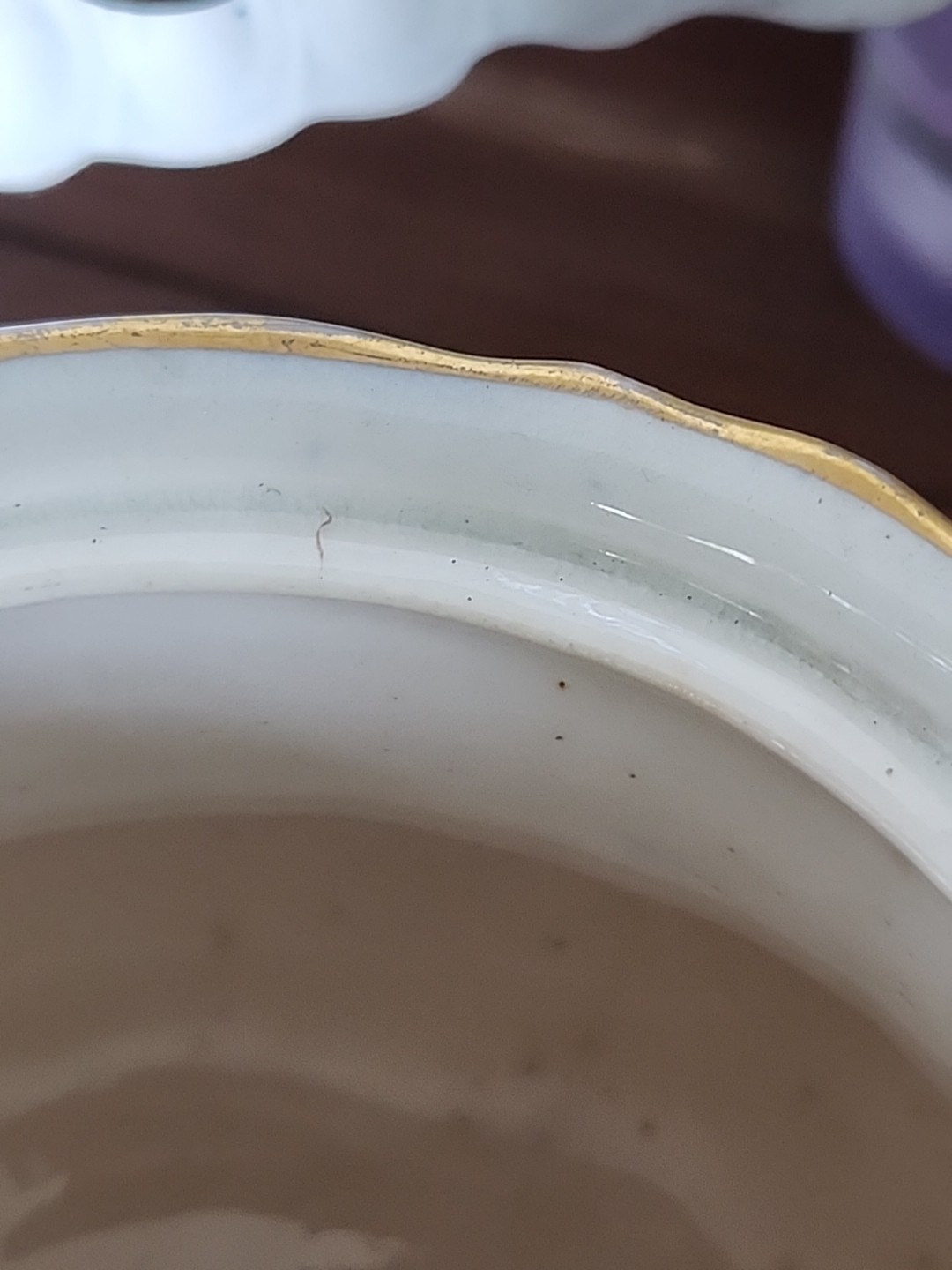 Rare Flow Blue Sugar Creamer And Bowl Trio Set Asian Motif Gold Band