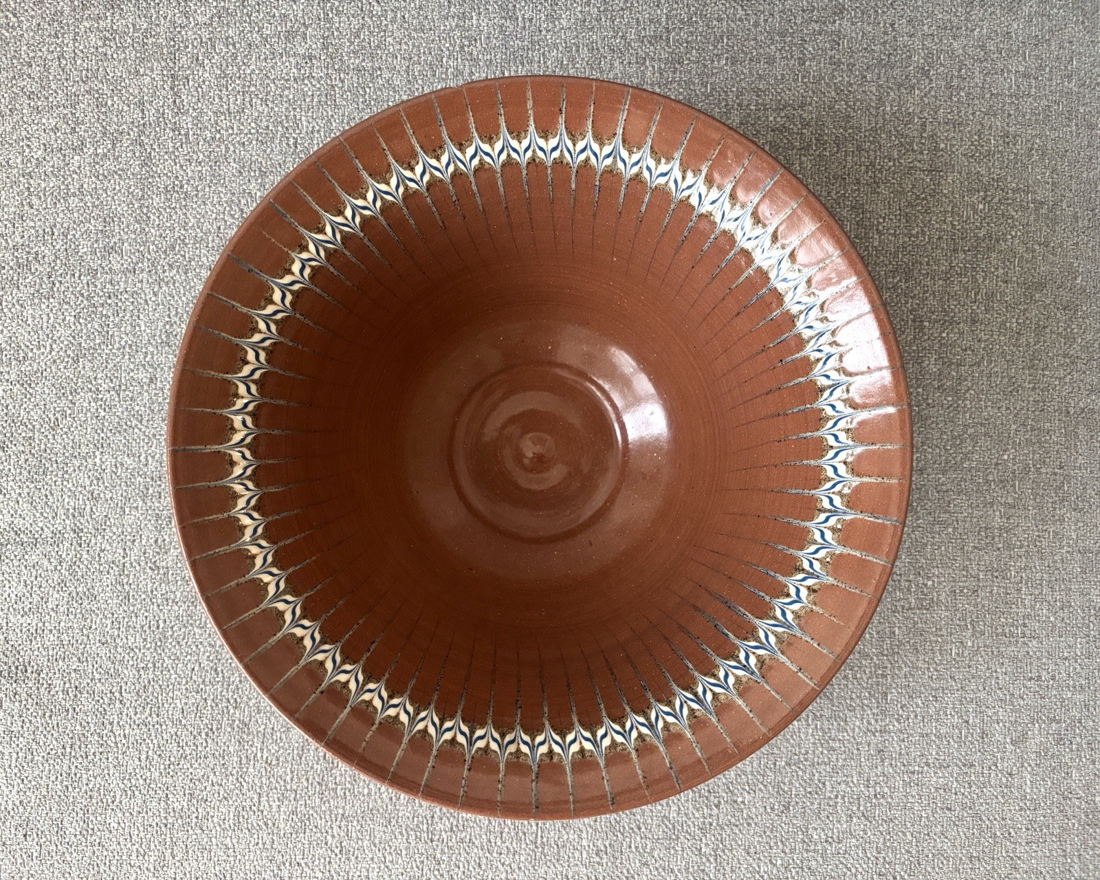 Handmade Painted Bowl 9.75” Earthenware Feather Pattern 1982 Signed James White