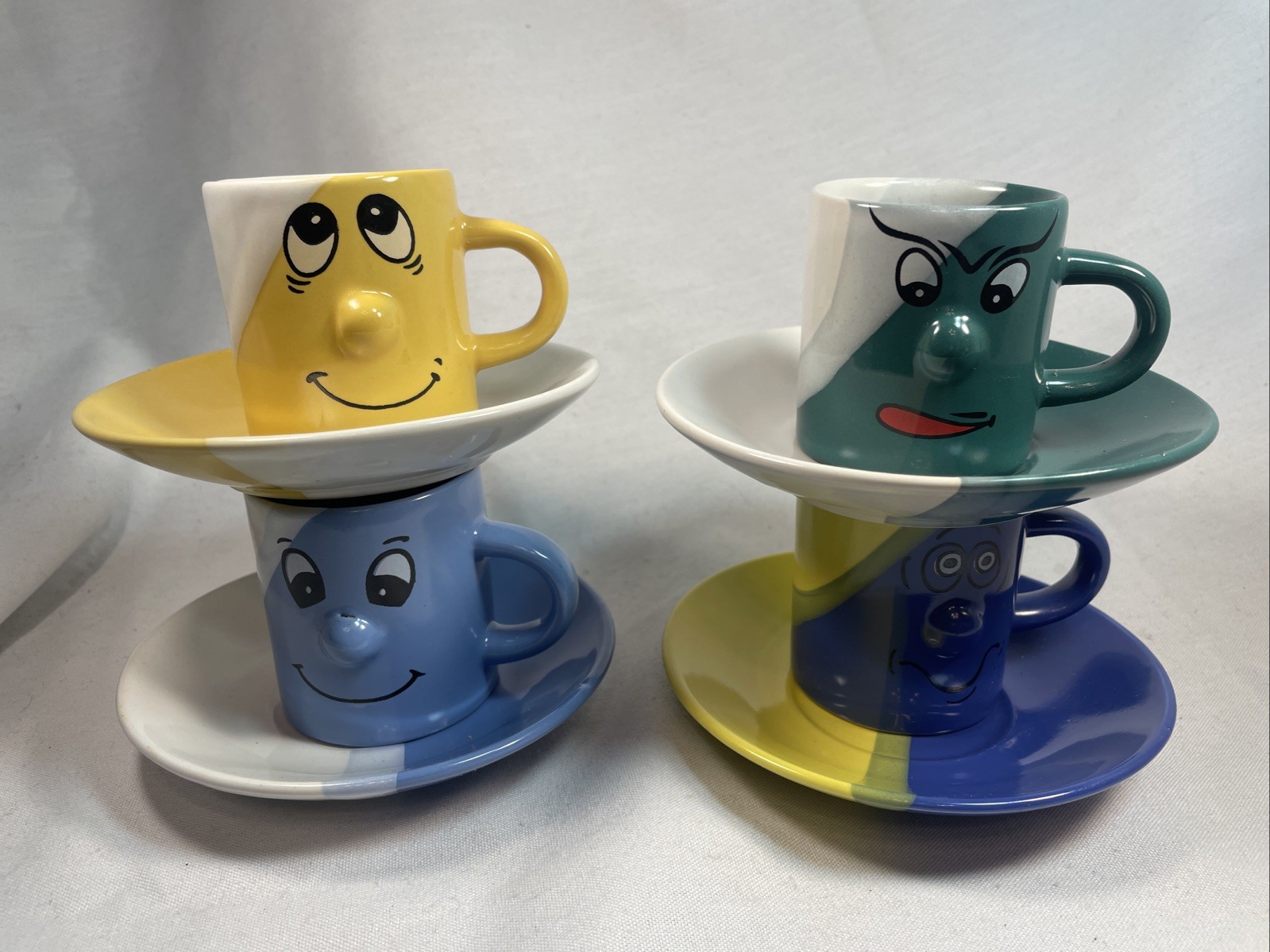 Funny Face Espresso Demitasse Coffee Mugs~Matching Saucers Ceramic 2.25” Kitschy