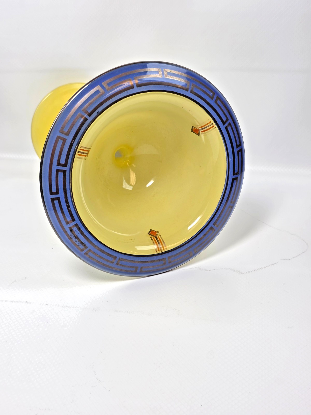 Antique Art Deco Glass Compote Bowl Yellow Cobalt Blue Greek Key Tazza Moser