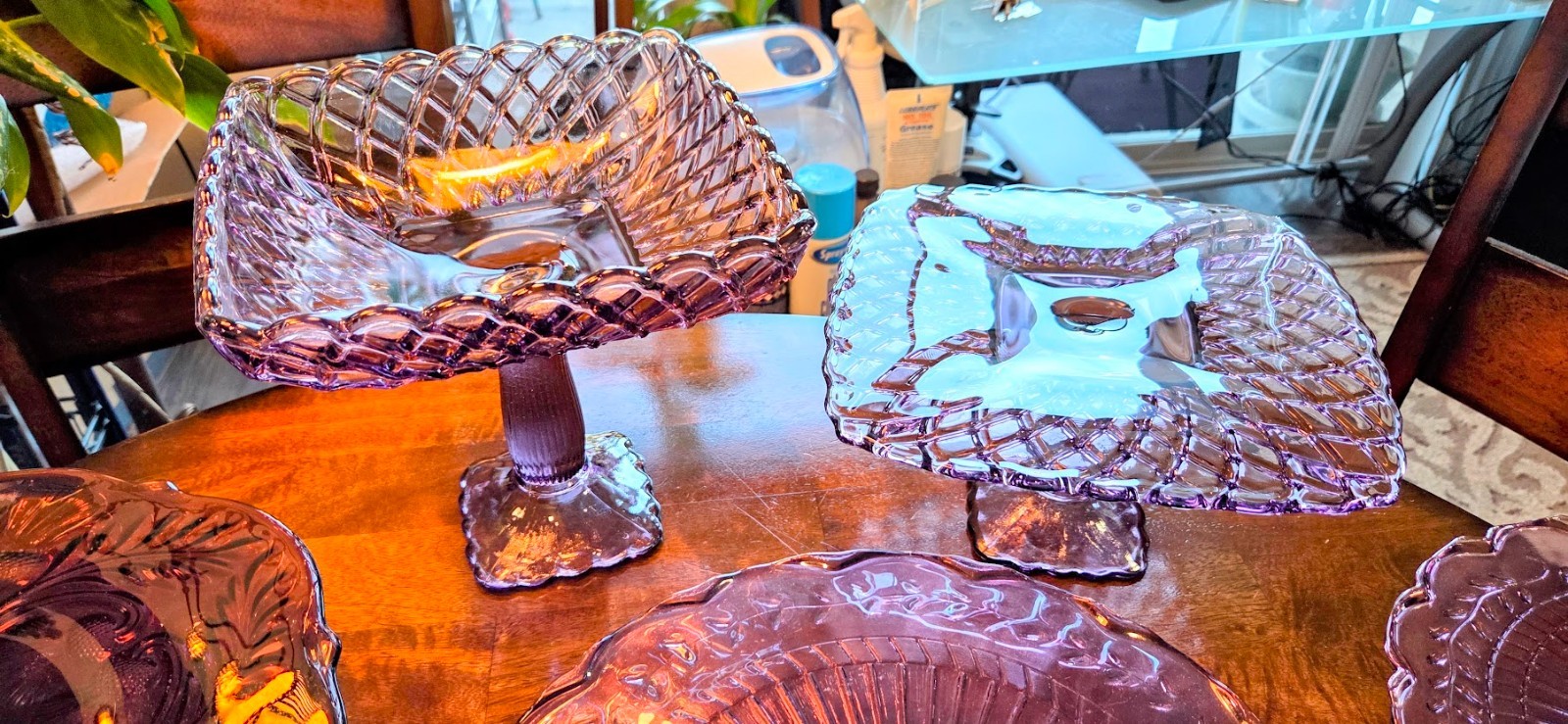 Vintage L.E. Smith Large Trellis Amethyst Purple Glass Compote Pedestal Bowl MCM