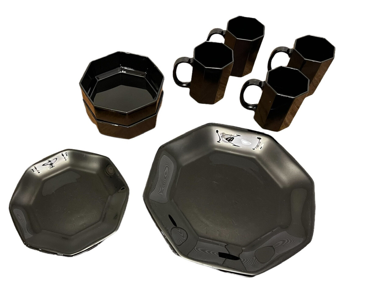 Lot of 12 Vintage FRANCE Black Octagon Set of Dishes Mugs Plates Bowls Dinner