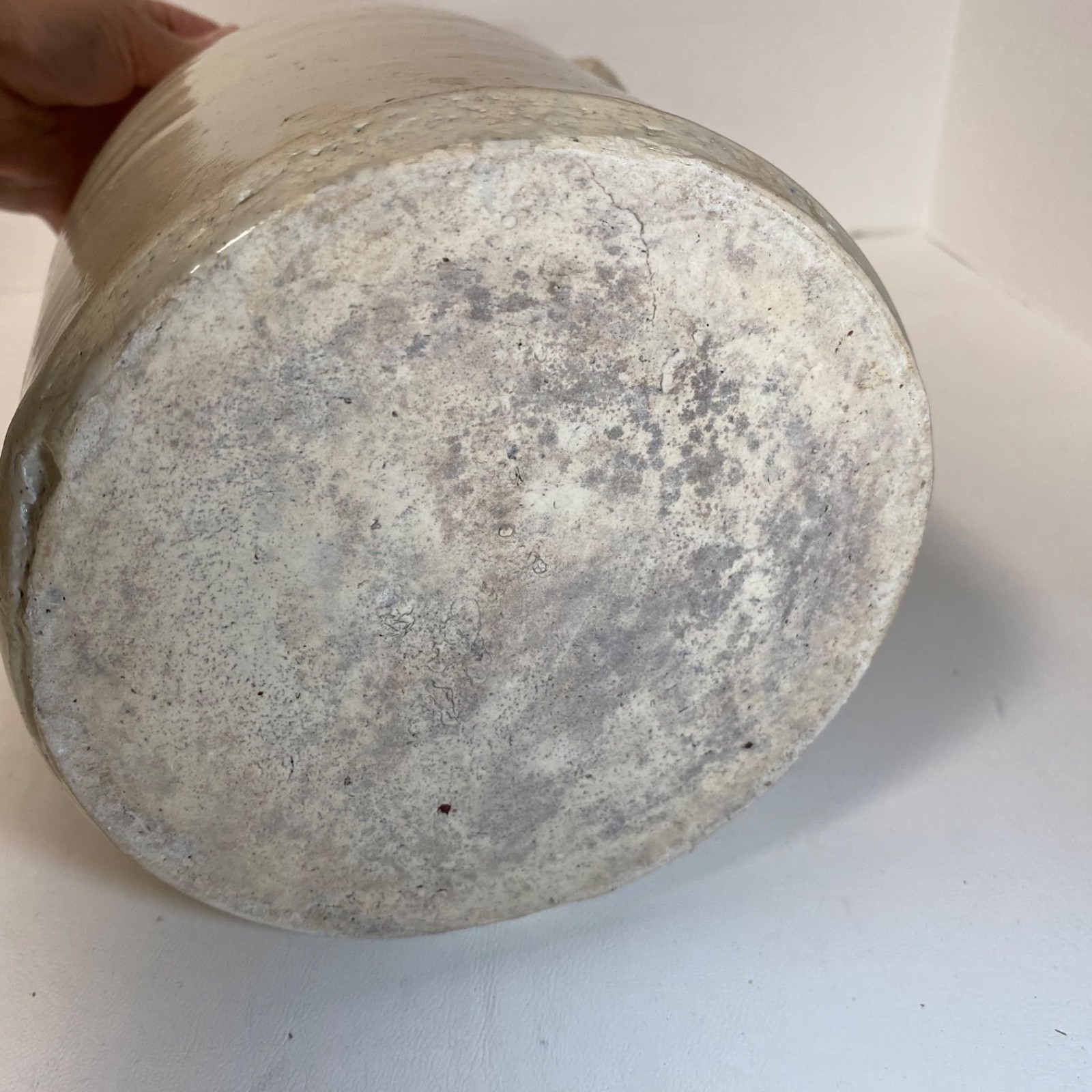 Vintage Primitive Salt Glazed Stoneware Pitcher 10″ Crock Blue Stripe
