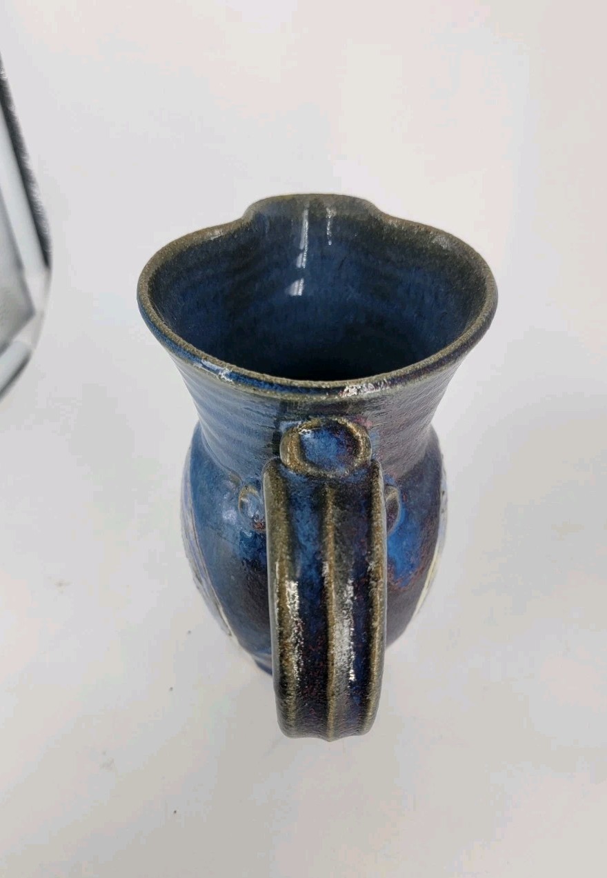 Studio Art Pottery Signed Foster Hand Thrown Jug Blue Purple Sgraffito Glazed