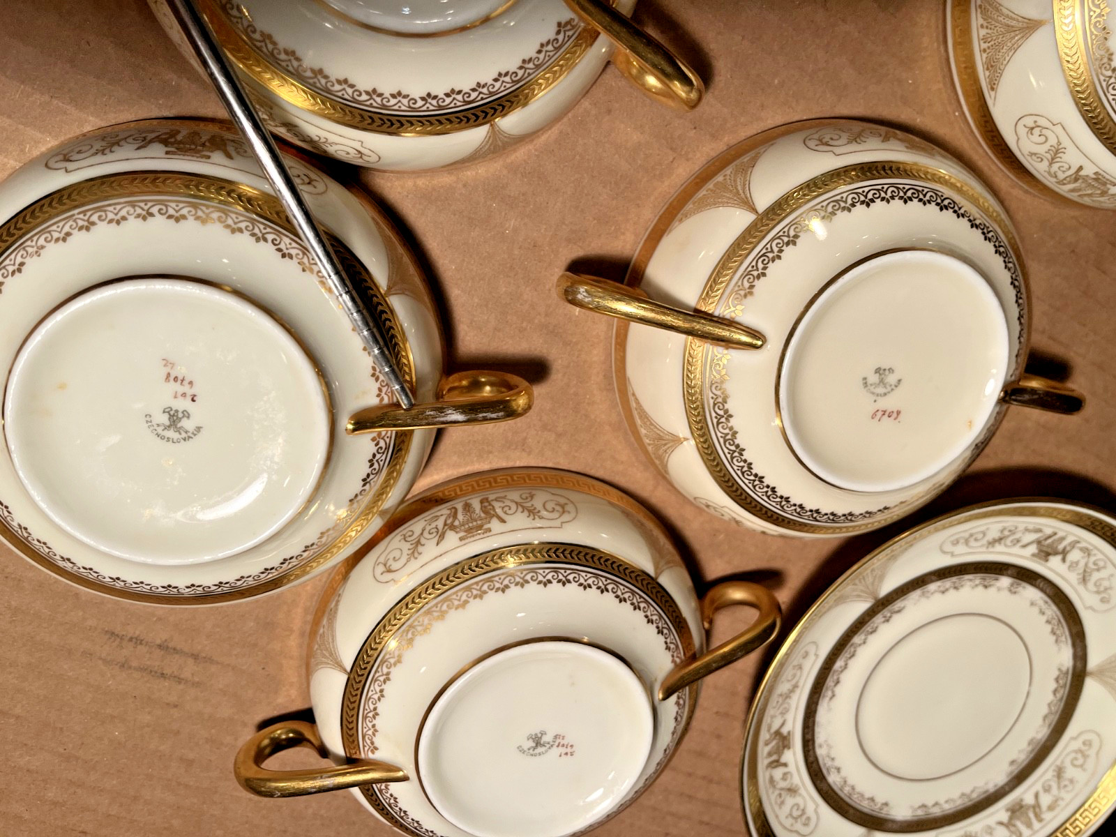 Antique Pirkenhammer Gold Encrusted Bouillon Cream Soup Cups Saucers Set of Six