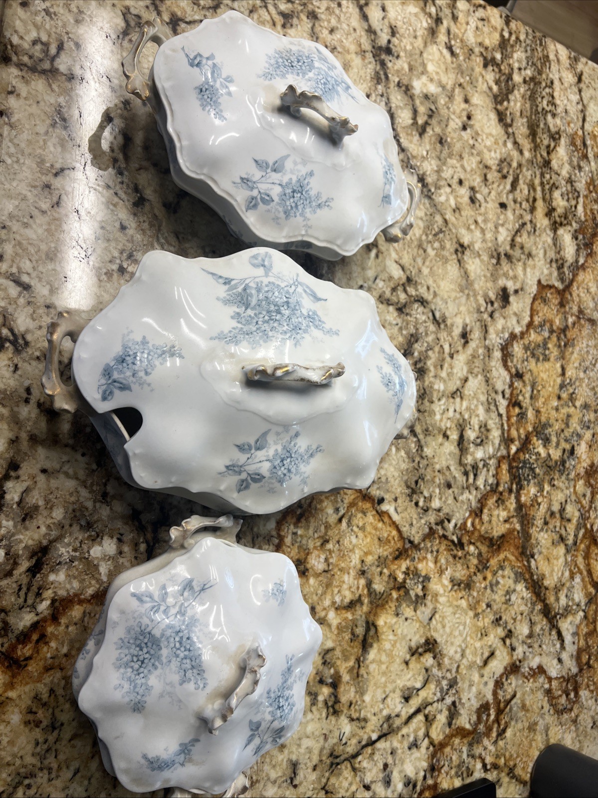 Vintage Porcelain Covered Dishes Set with Floral Blue Design