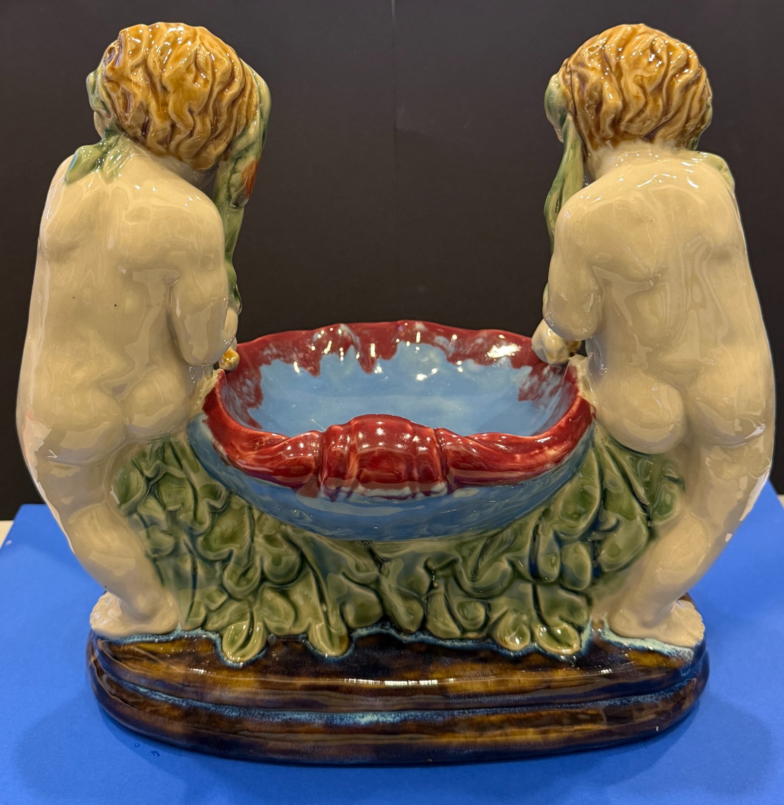 Antique English Majolica Putti Shell Bowl Centerpiece Late Victorian 10 inches
