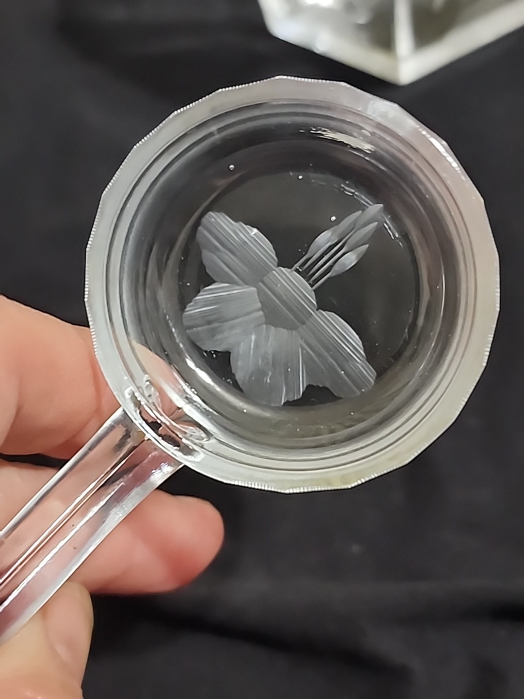 VTG FLORAL Etched GLASS Mayo Bowl Set Ladle Underplate SCALLOPED Hexagon Nice