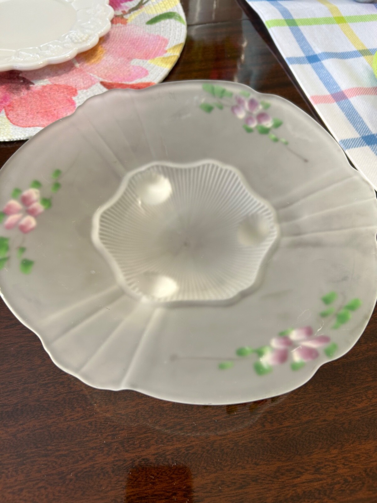 Vintage Lancaster Glass Hand Painted 3 Toed Frosted Bowl 10” Kay Fruit Bowl