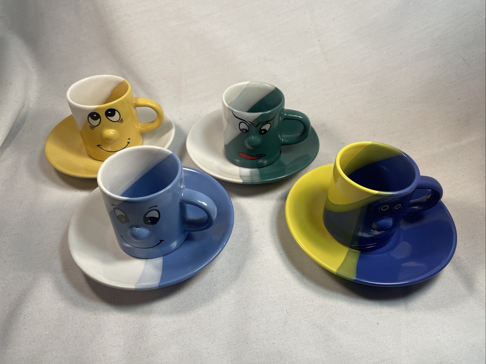 Funny Face Espresso Demitasse Coffee Mugs~Matching Saucers Ceramic 2.25” Kitschy