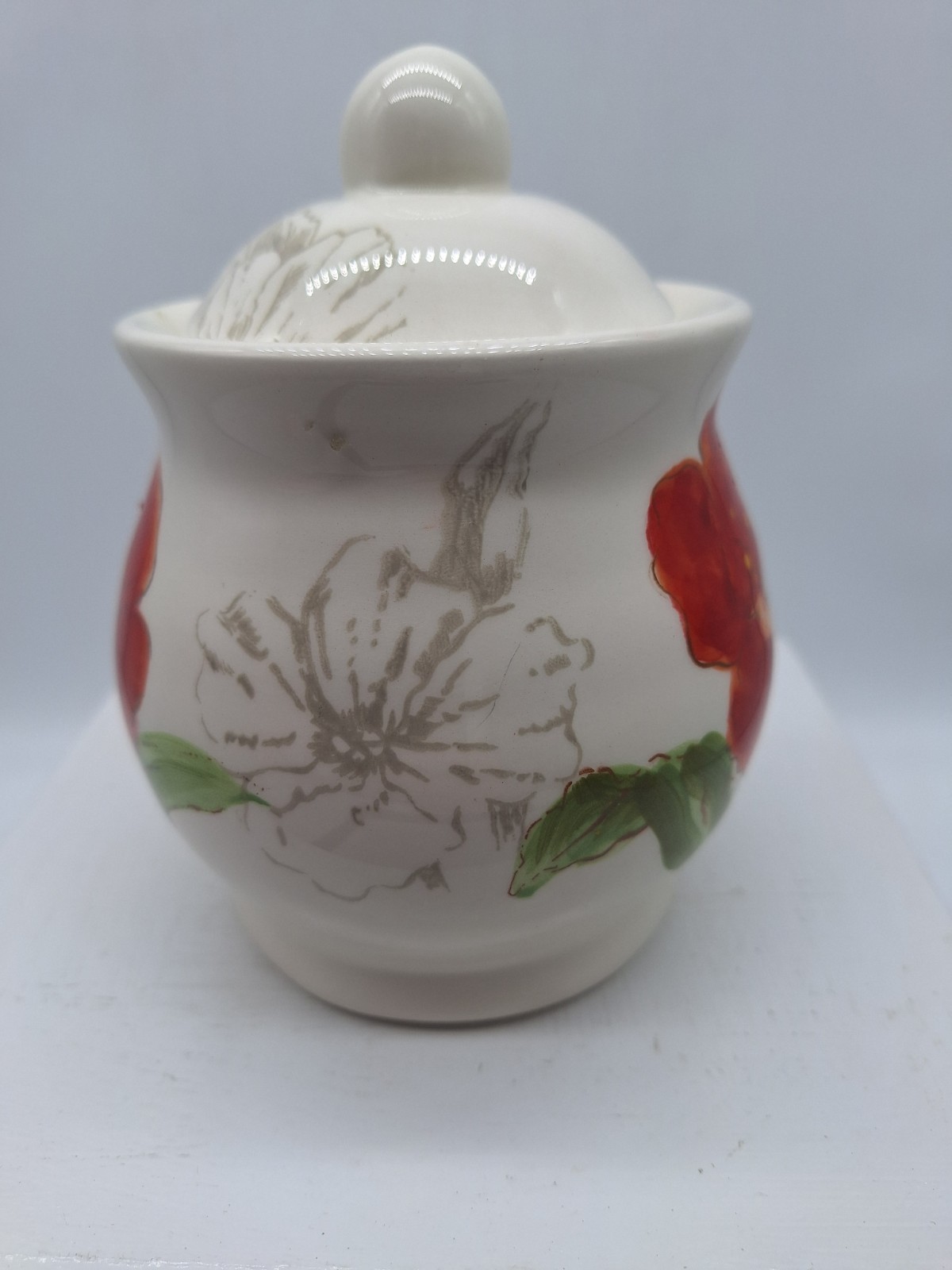 Maxcera Red Poppy Sugar Bowl with Lid Pottery Retired 5 1/2 inches