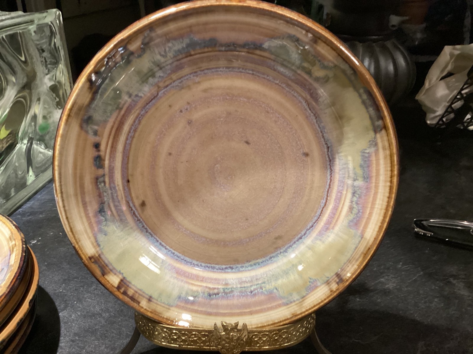 Vintage Greg Olson Handmade NINE Plates 7 1/2in Brown Rim Multicolor pre-owned