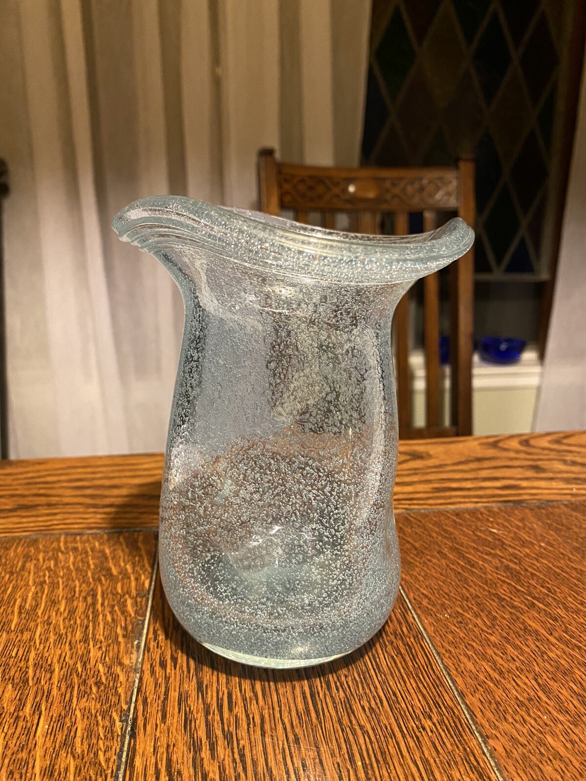 Hand Blown 6” Alexandrite Bubble Glass Vase Pinched Sides Flared Threaded Rim