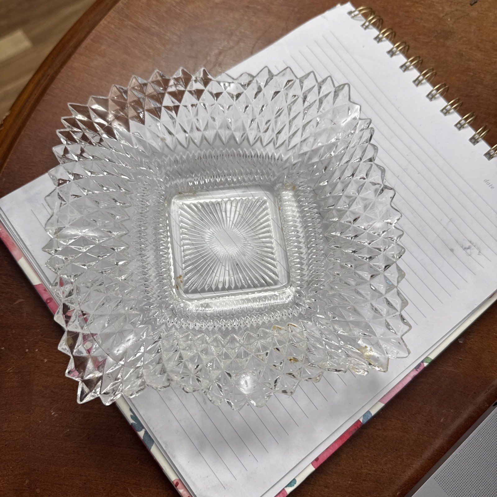 Vintage Clear Indiana Glass Co Square Ruffled Diamond Point Candy Nut Dish Bowl