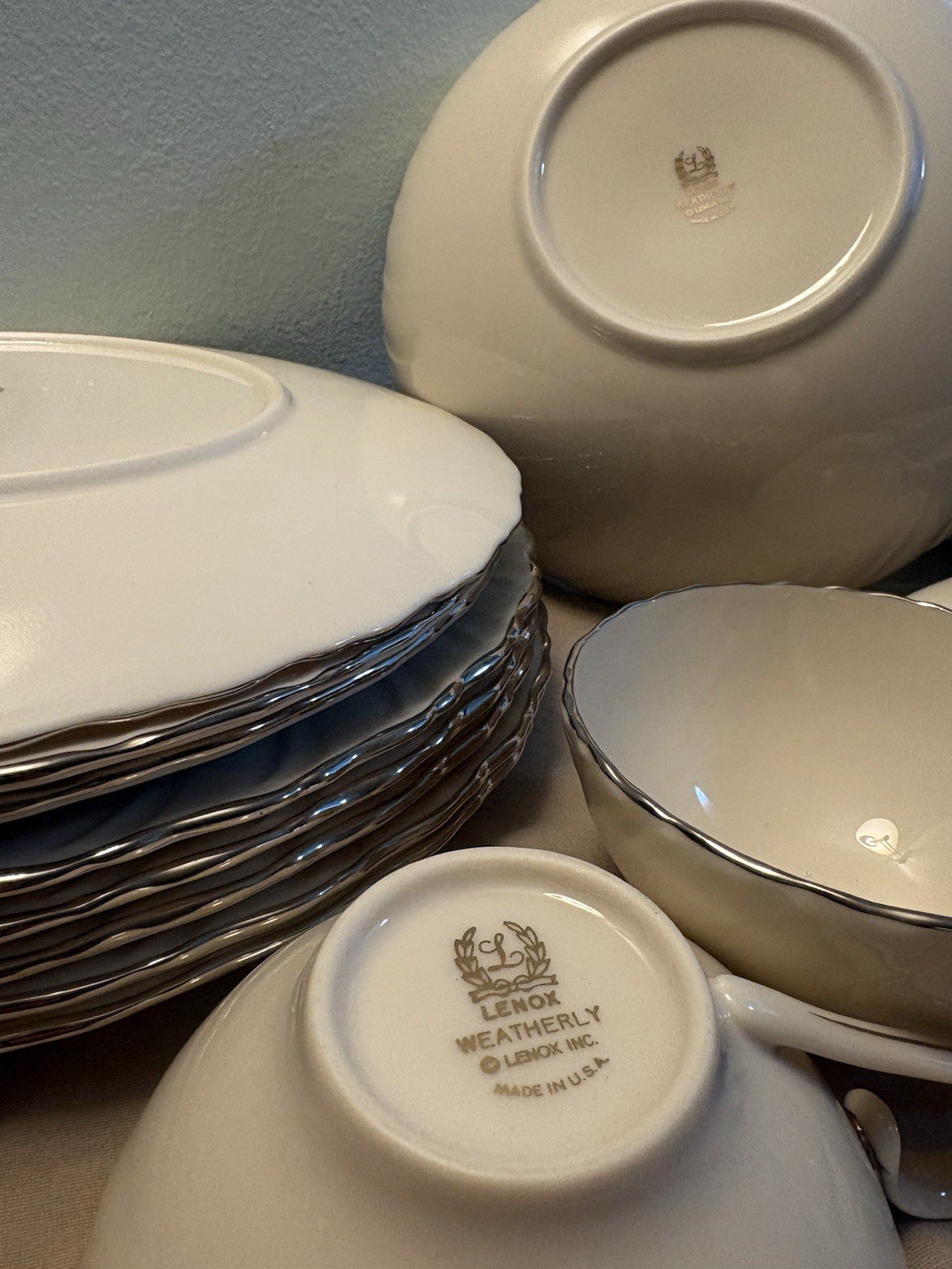 Lenox Weatherly White China Dinner Set Silver Rim Plates Cups Bowls USA D517