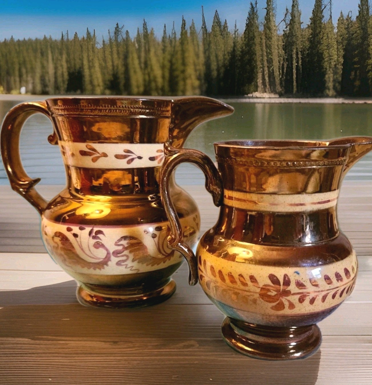 2 English Copper Lusterware Pitchers Staffordshire Pottery 1850-1899 England